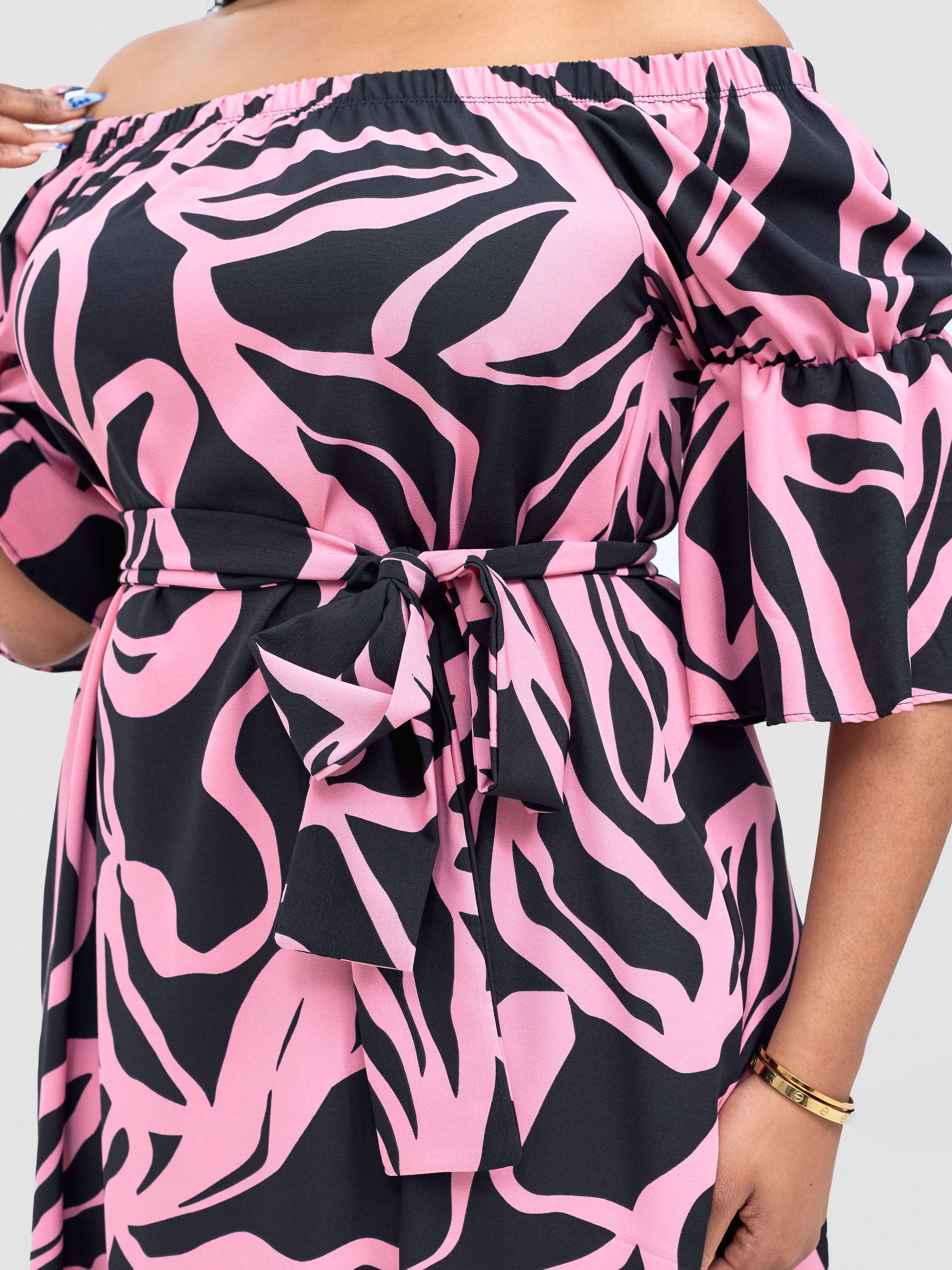 Vivo Tana Off Shoulder Maxi Dress - Pink / Black Dana Print