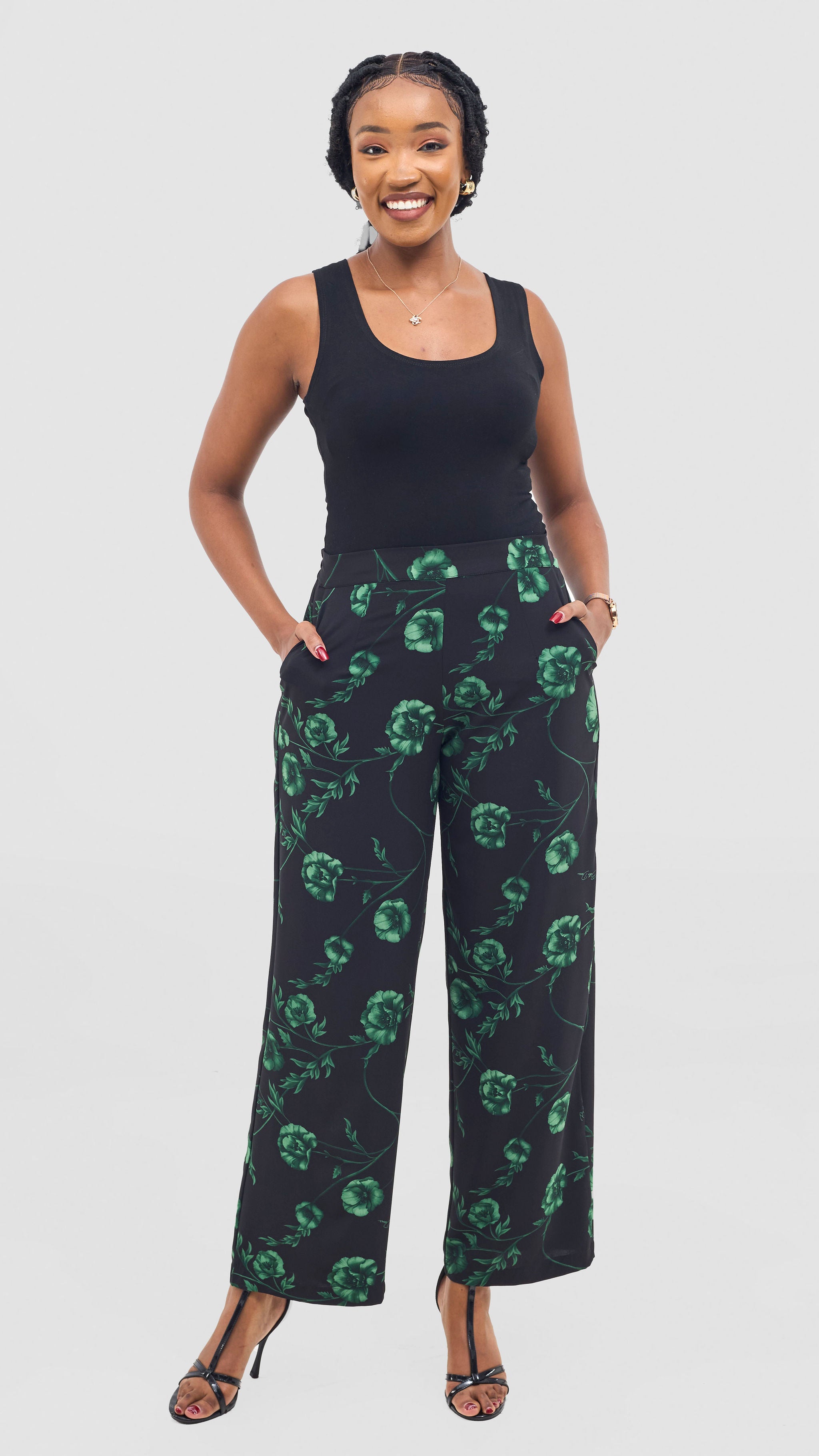 Vivo Mira Straight Leg Pants - Green / Black Print