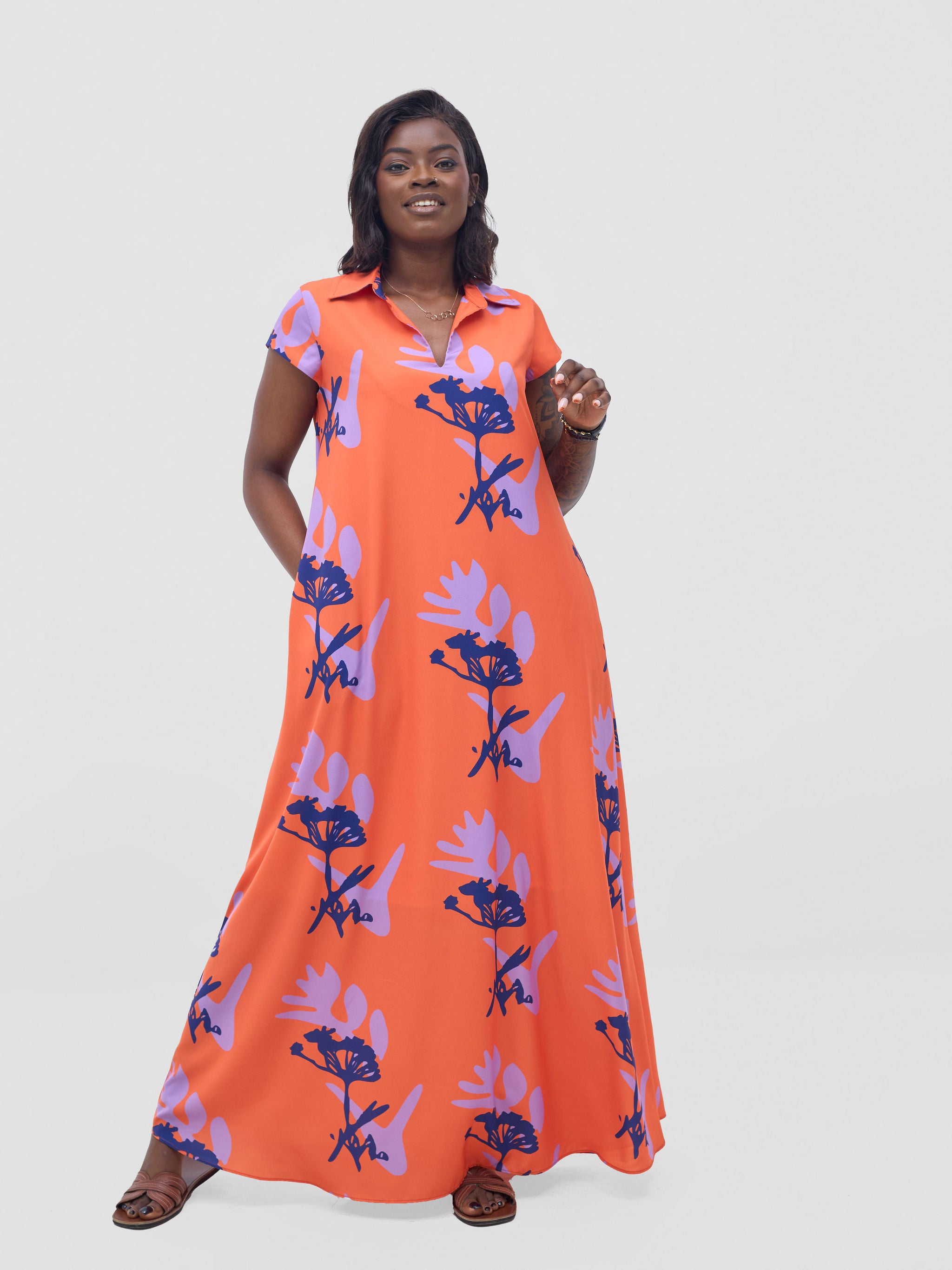 Vivo Zuri Cap Sleeved Maxi Dress - Orange / Lilac Abasi Print