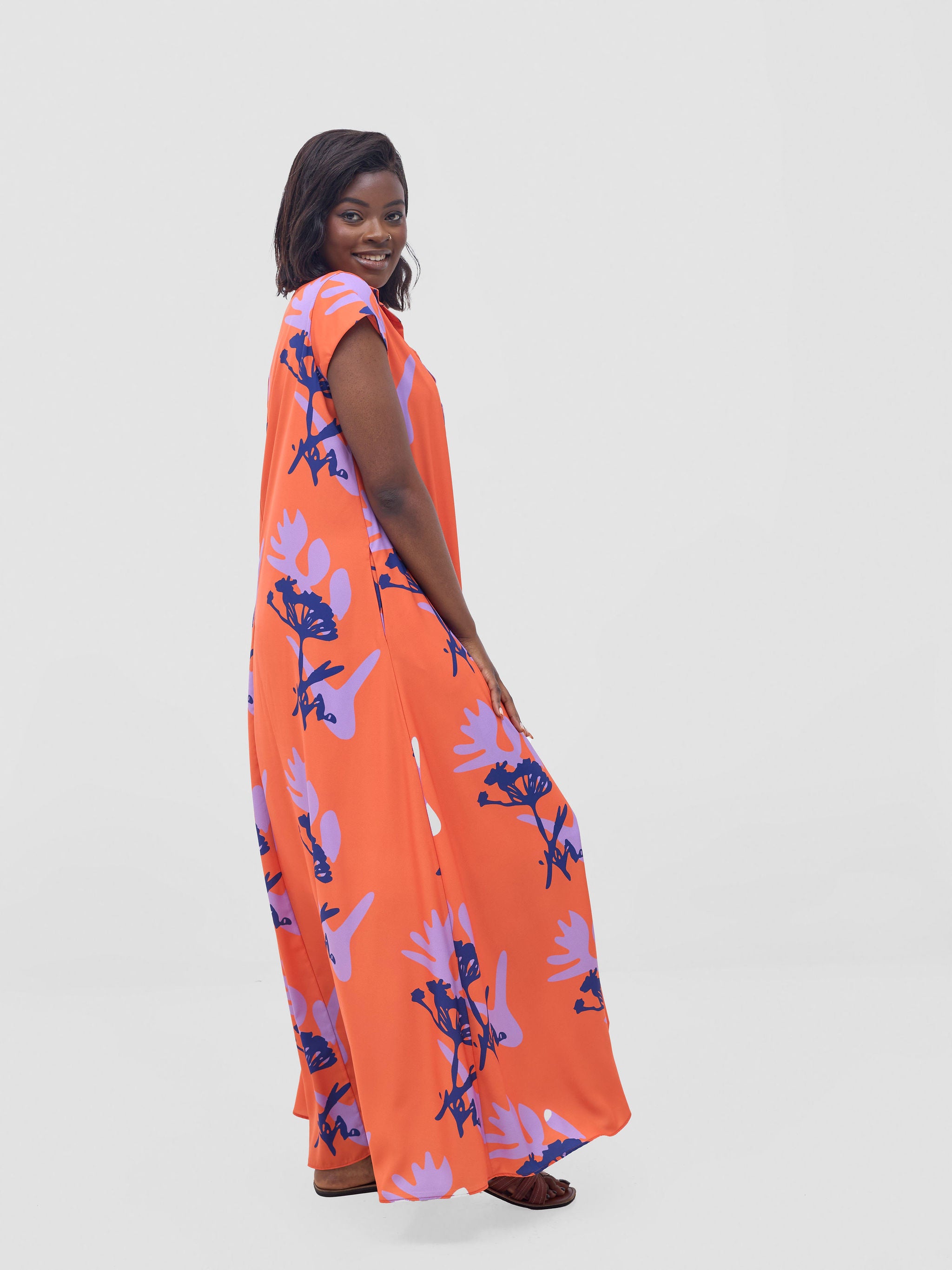 Vivo Zuri Cap Sleeved Maxi Dress - Orange / Lilac Abasi Print
