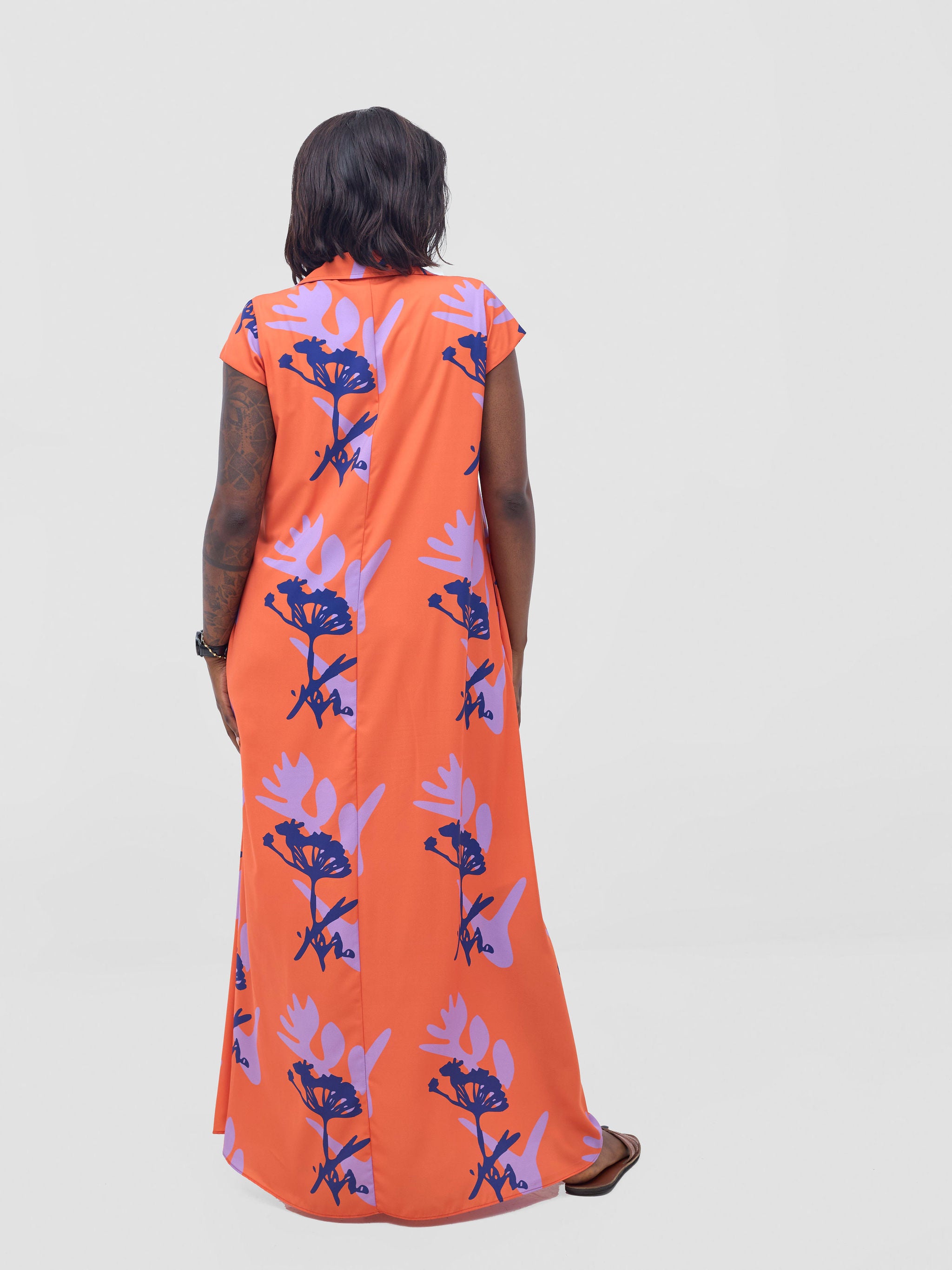 Vivo Zuri Cap Sleeved Maxi Dress - Orange / Lilac Abasi Print