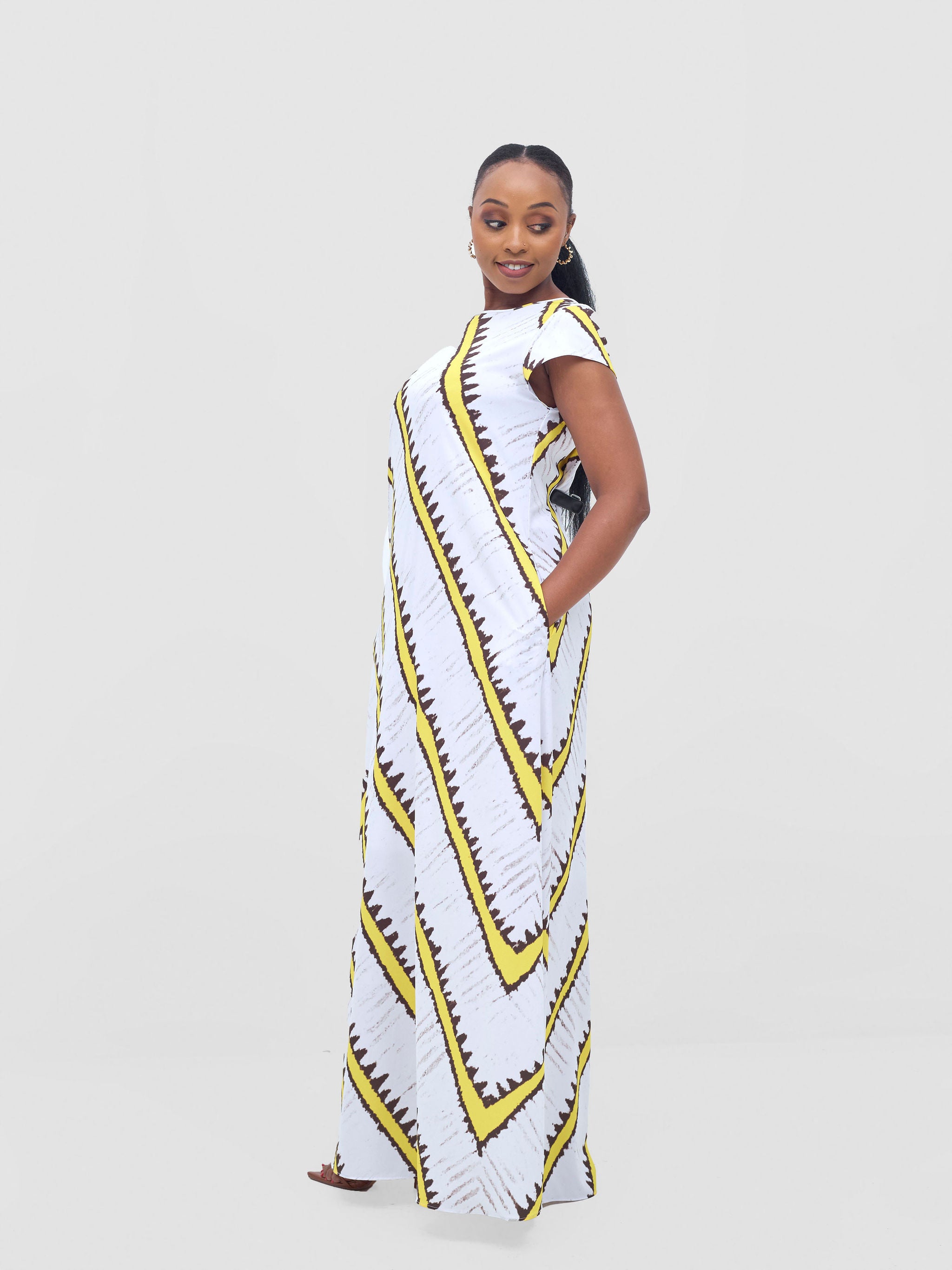 Vivo Basic Cap Sleeve Maxi Tent Dress - White / Yellow Sabi Print