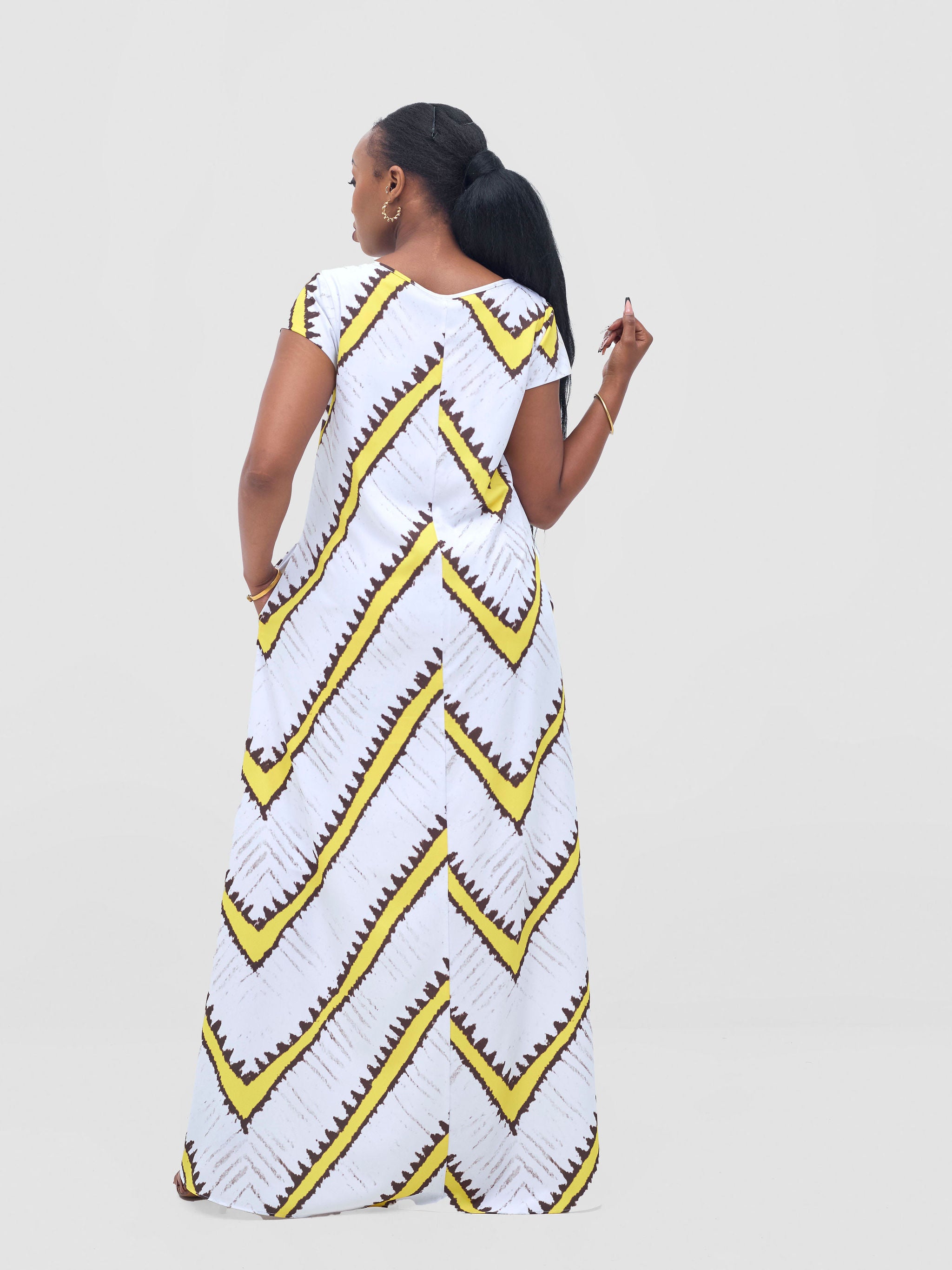Vivo Basic Cap Sleeve Maxi Tent Dress - White / Yellow Sabi Print