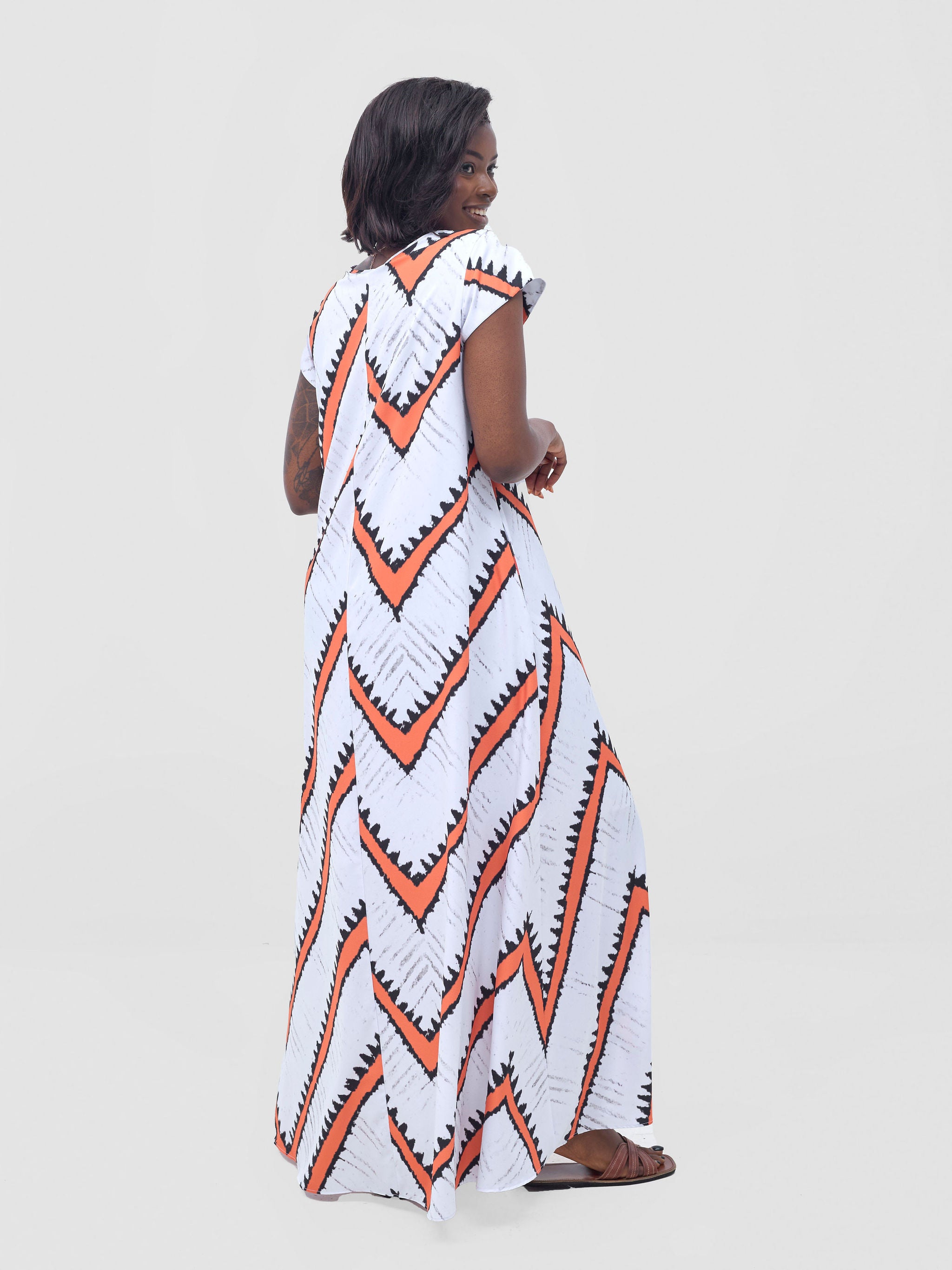 Vivo Basic Cap Sleeve Maxi Tent Dress - White / Orange Sabi Print