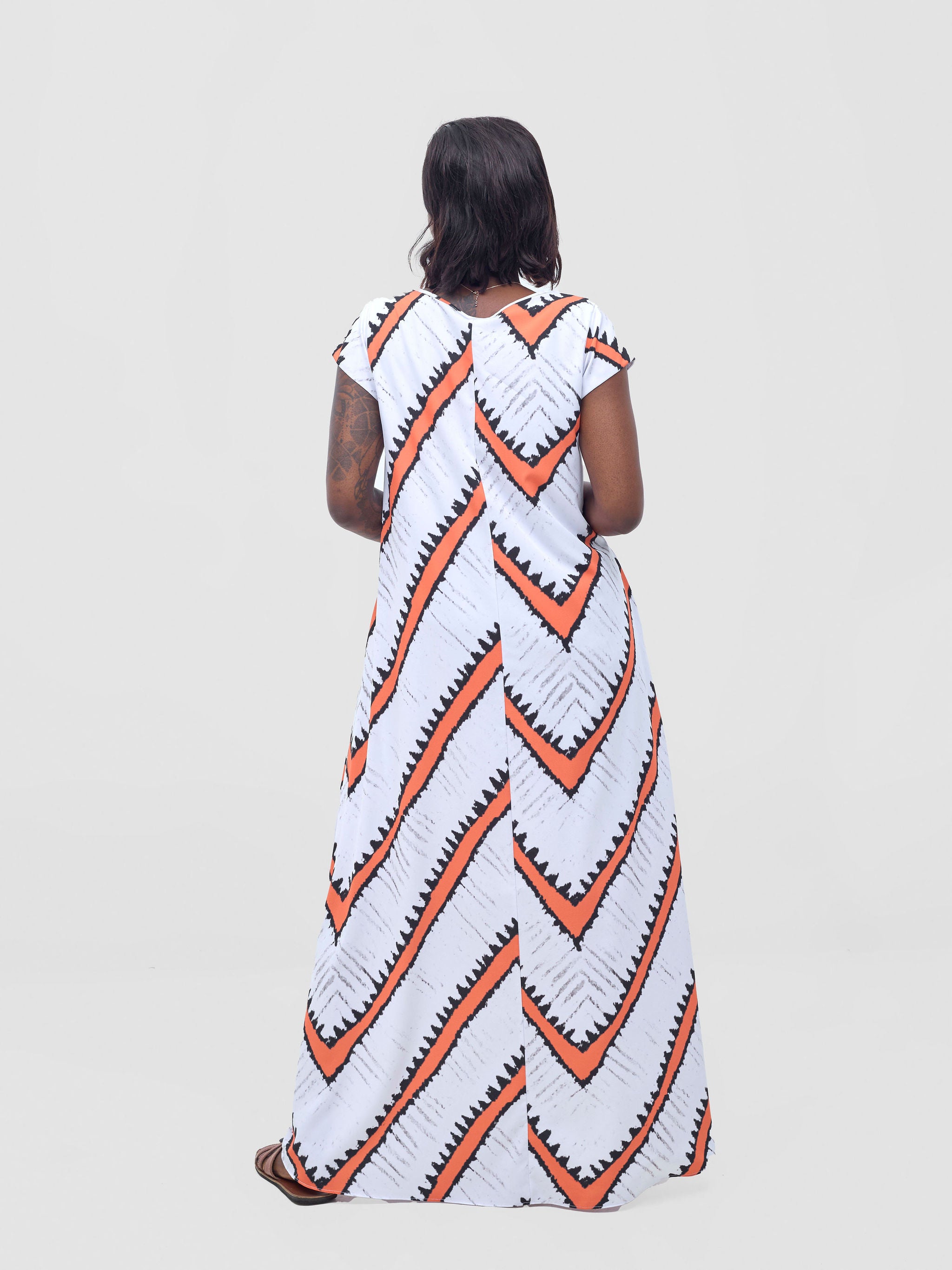 Vivo Basic Cap Sleeve Maxi Tent Dress - White / Orange Sabi Print