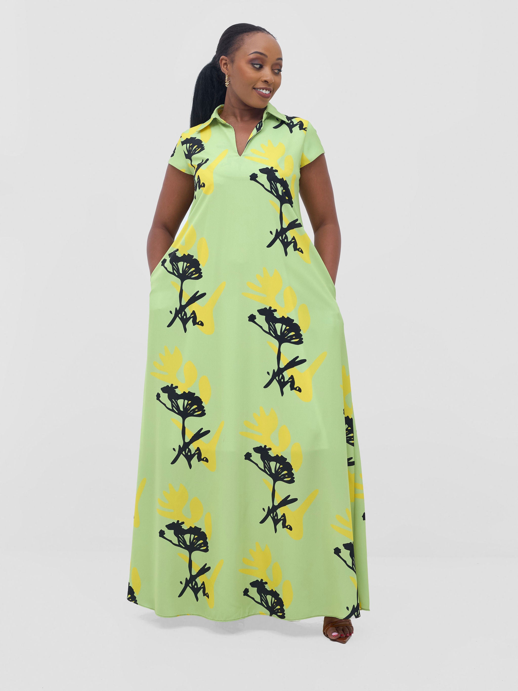 Vivo Zuri Cap Sleeved Maxi Dress - Lime / Yellow Abasi Print