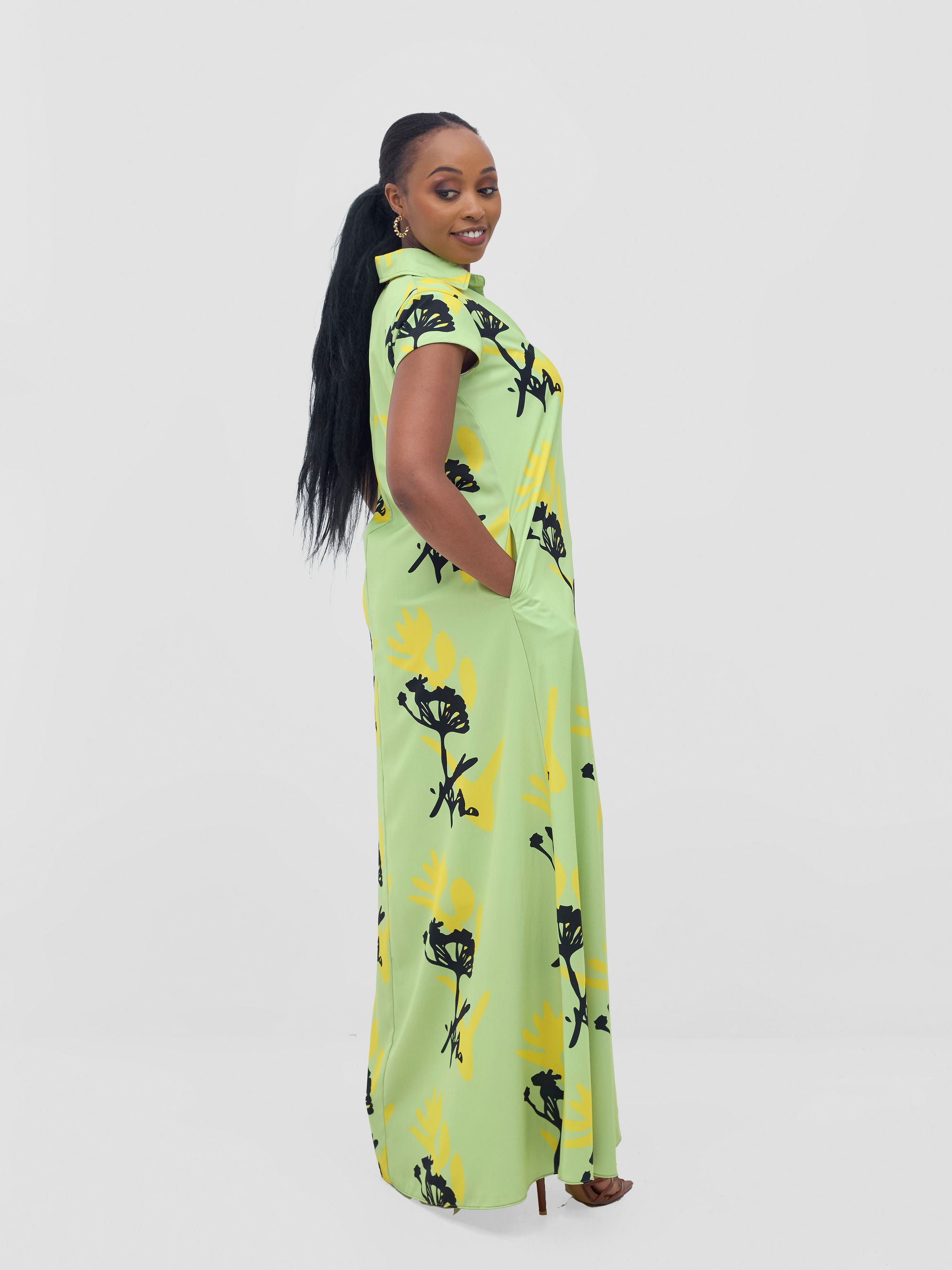 Vivo Zuri Cap Sleeved Maxi Dress - Lime / Yellow Abasi Print