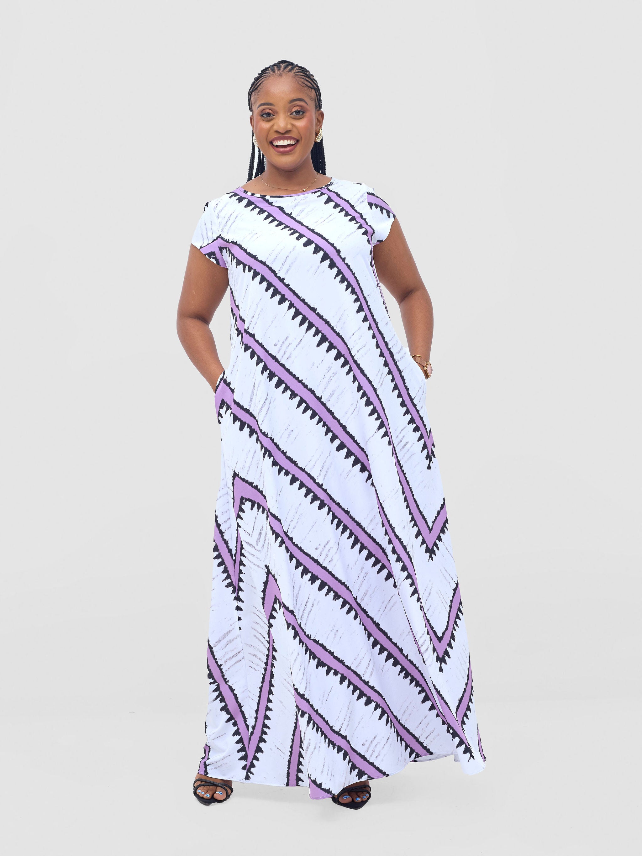 Vivo Basic Cap Sleeve Maxi Tent Dress - White / Lilac Sabi Print