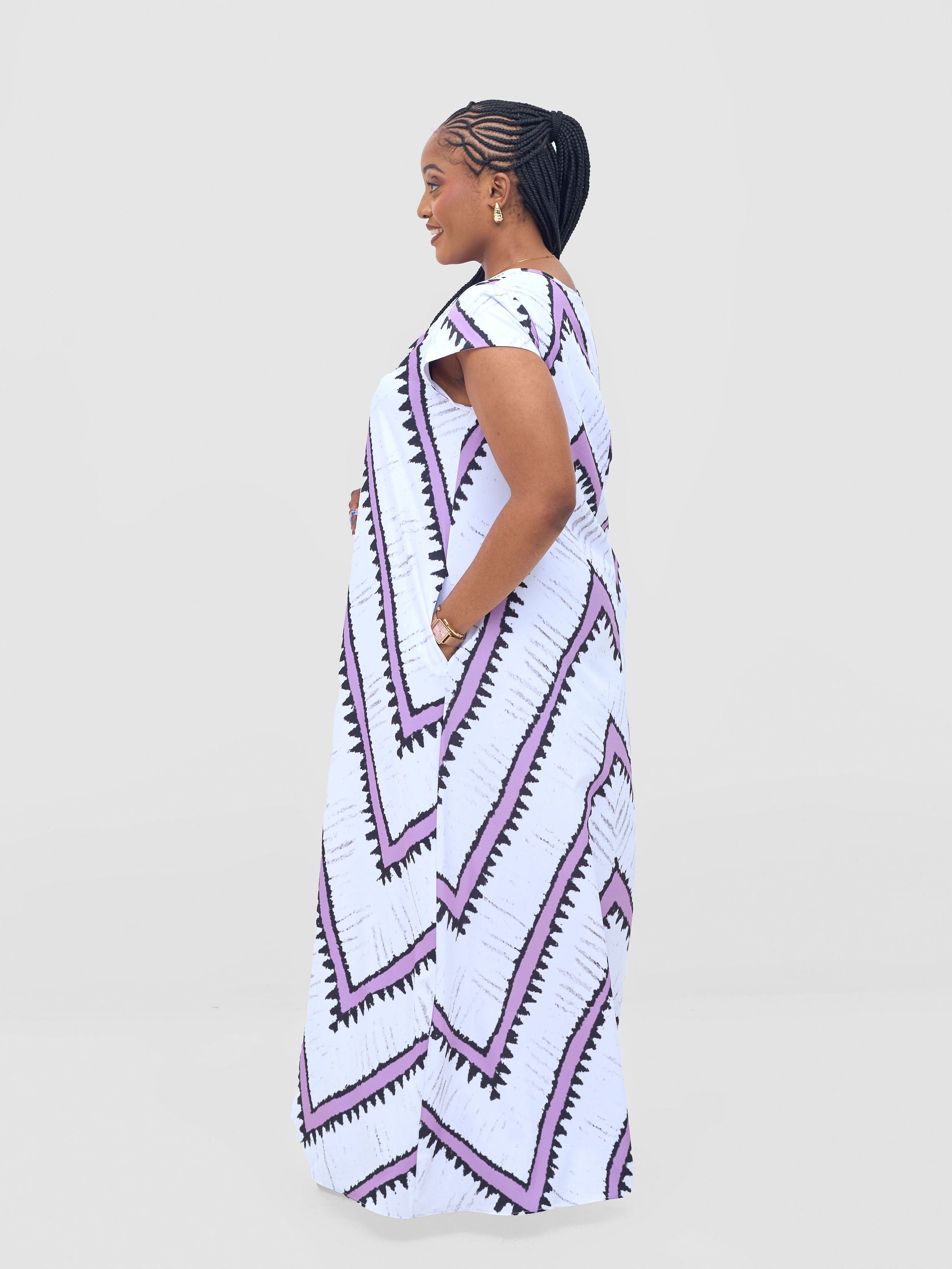 Vivo Basic Cap Sleeve Maxi Tent Dress - White / Lilac Sabi Print