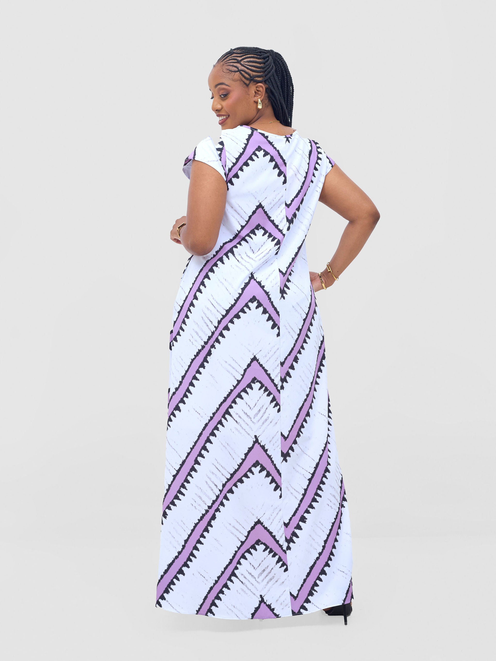 Vivo Basic Cap Sleeve Maxi Tent Dress - White / Lilac Sabi Print