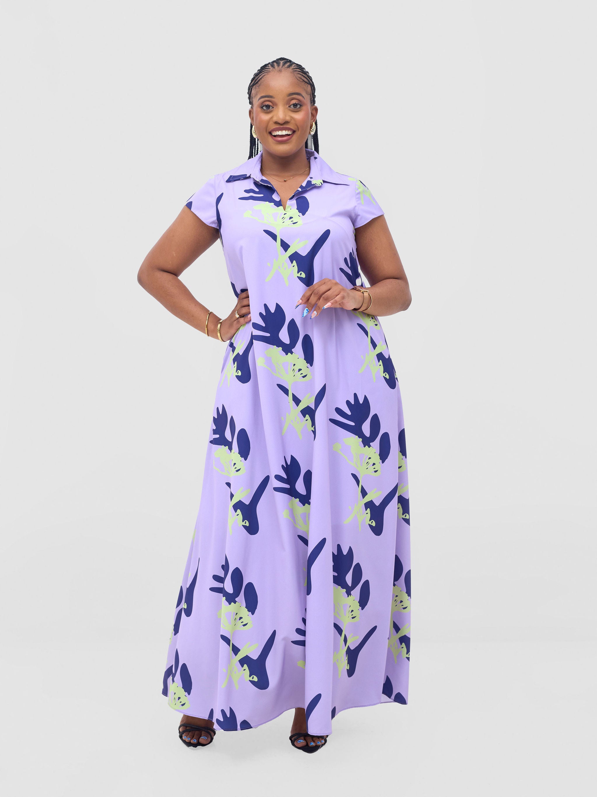 Vivo Zuri Cap Sleeved Maxi Dress - Lilac / Lime Abasi Print