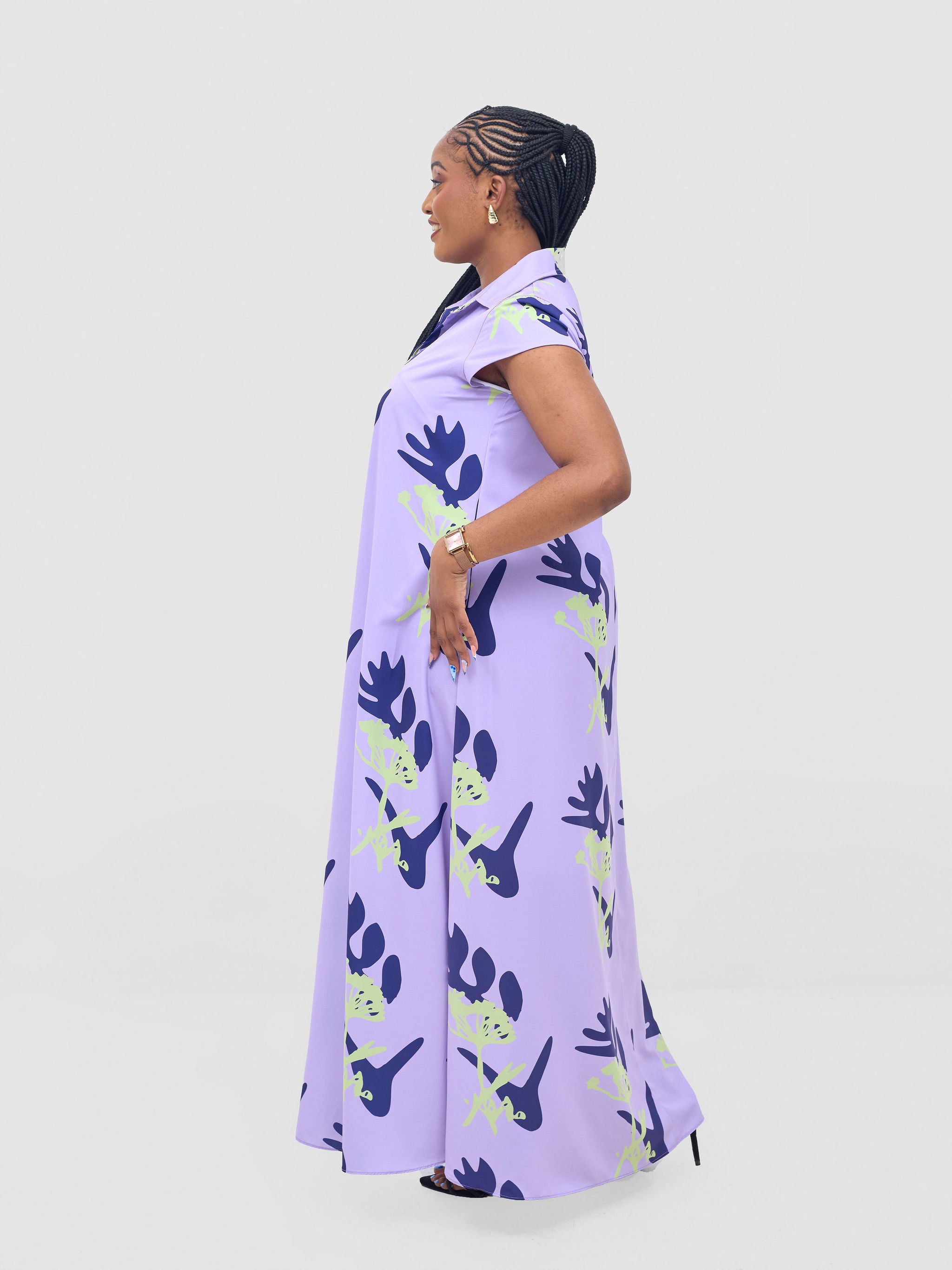 Vivo Zuri Cap Sleeved Maxi Dress - Lilac / Lime Abasi Print