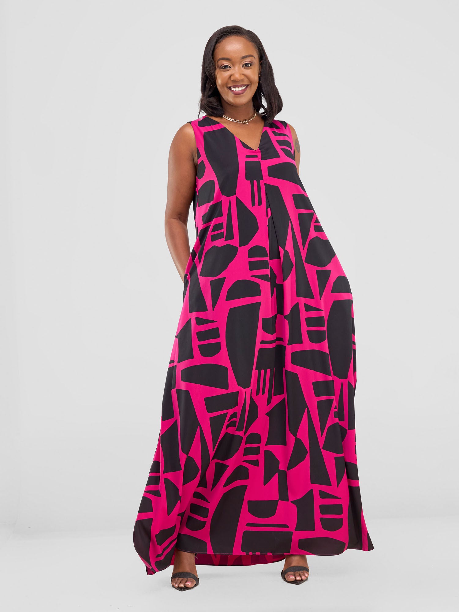 Vivo Ava Front Pleat Maxi Dress - Hot Pink / Black Samba Print