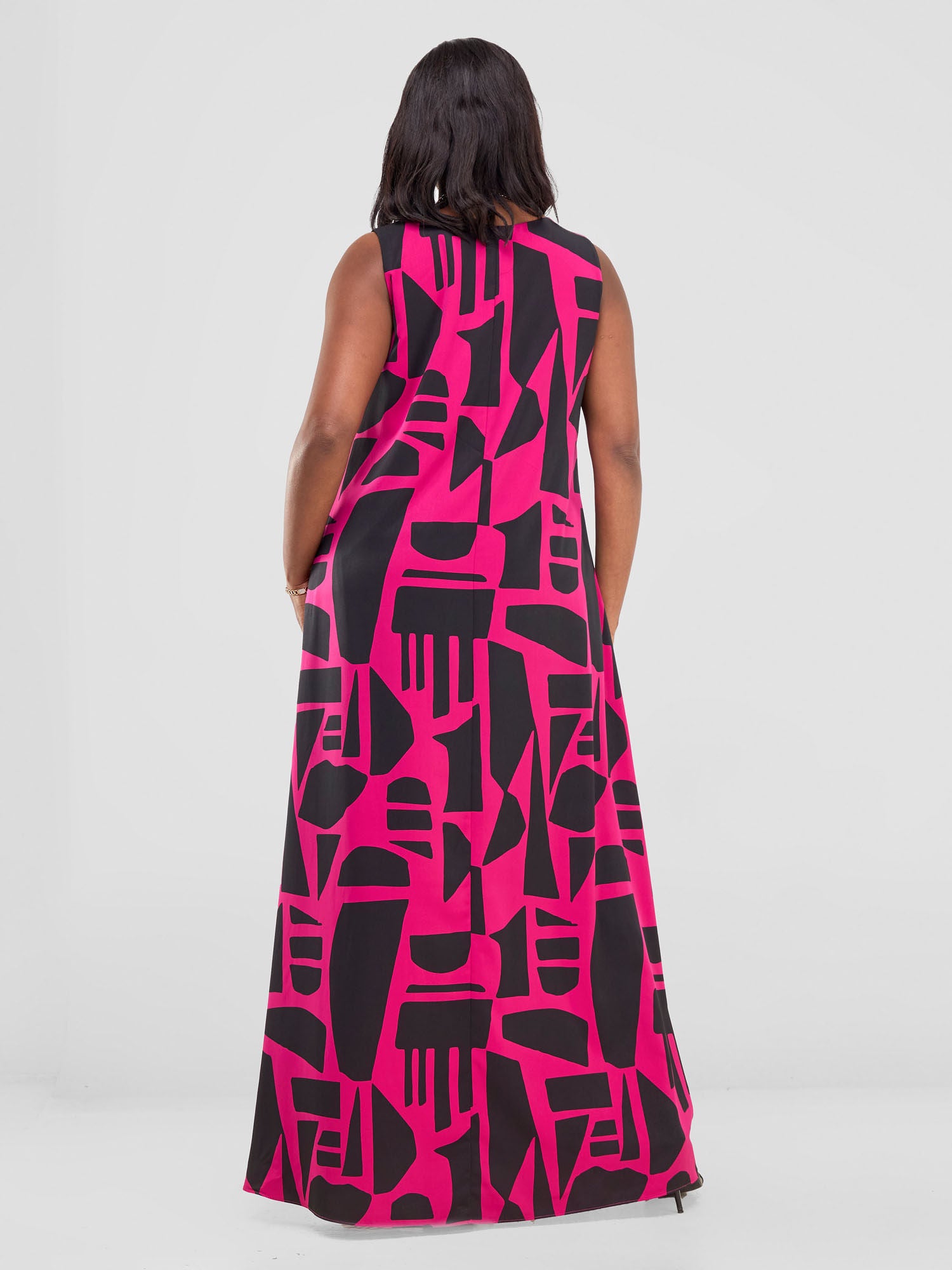 Vivo Ava Front Pleat Maxi Dress - Hot Pink / Black Samba Print