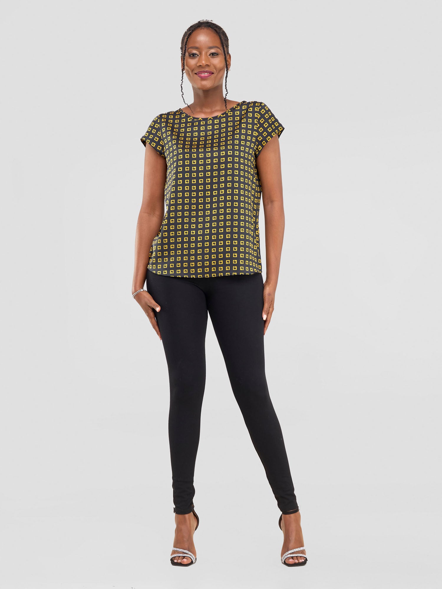 Vivo Basic Satin Cap Sleeve Top - Black / Gold Abstract Print