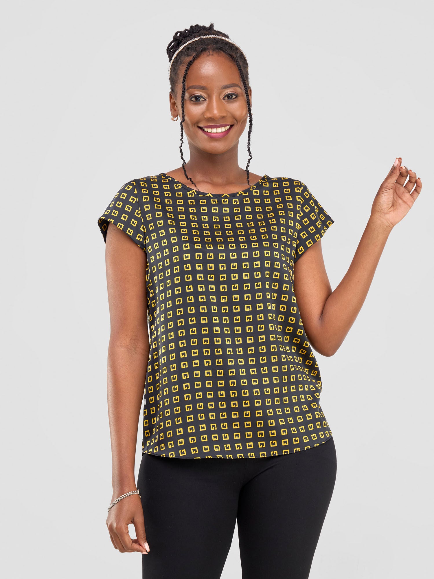 Vivo Basic Satin Cap Sleeve Top - Black / Gold Abstract Print