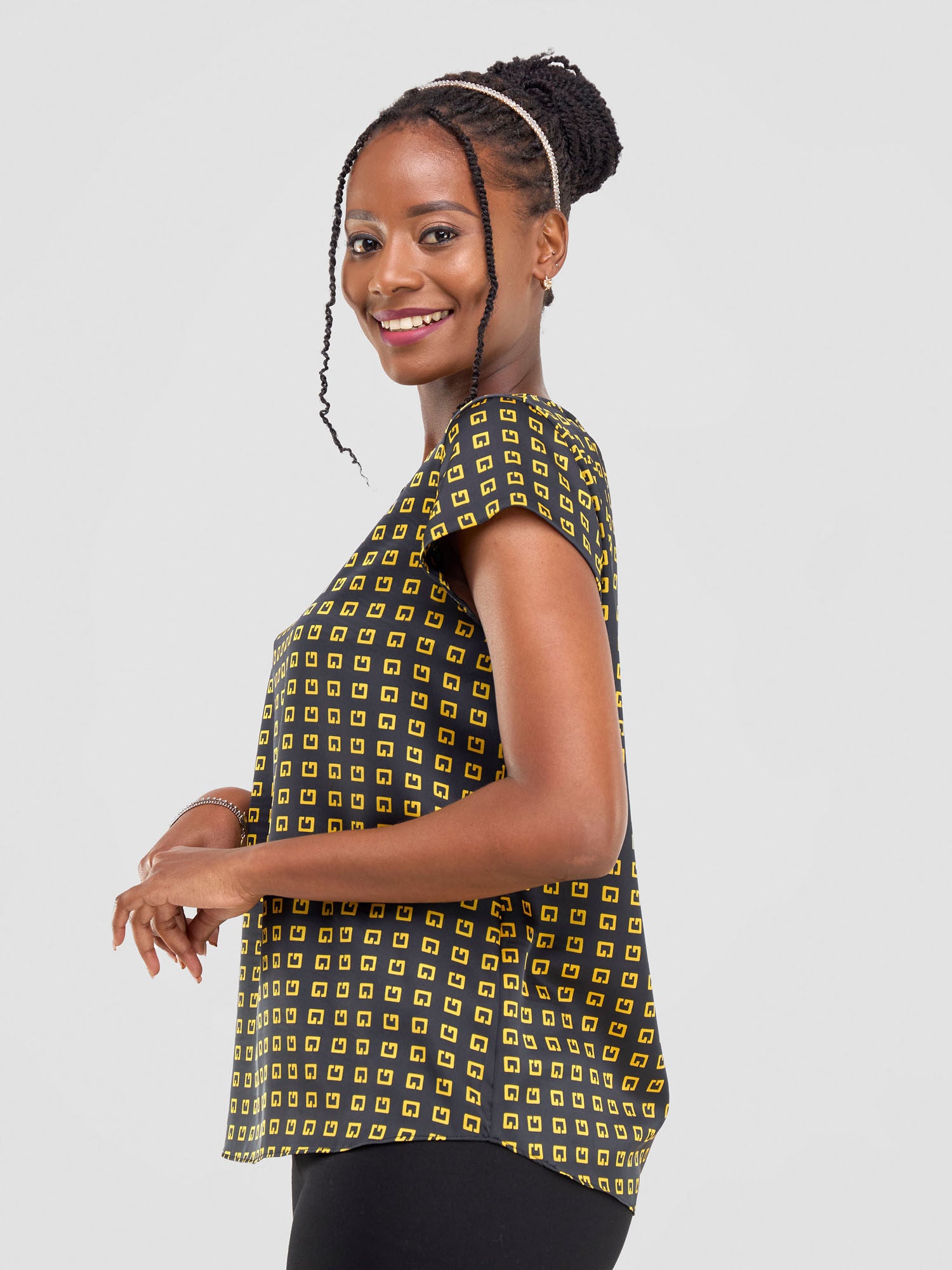 Vivo Basic Satin Cap Sleeve Top - Black / Gold Abstract Print