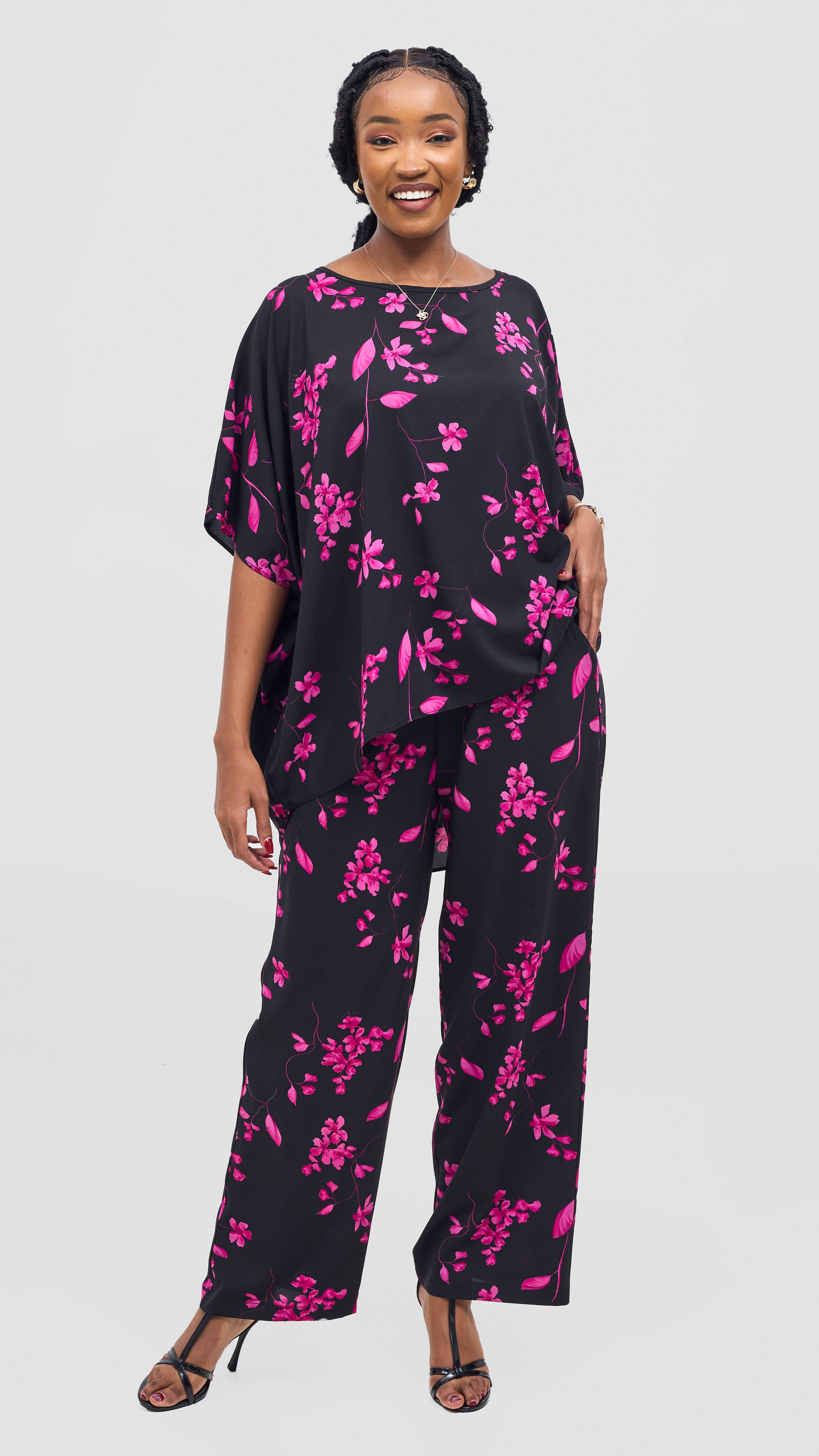 Vivo Maisha Wide High Low Top - Pink / Black Print