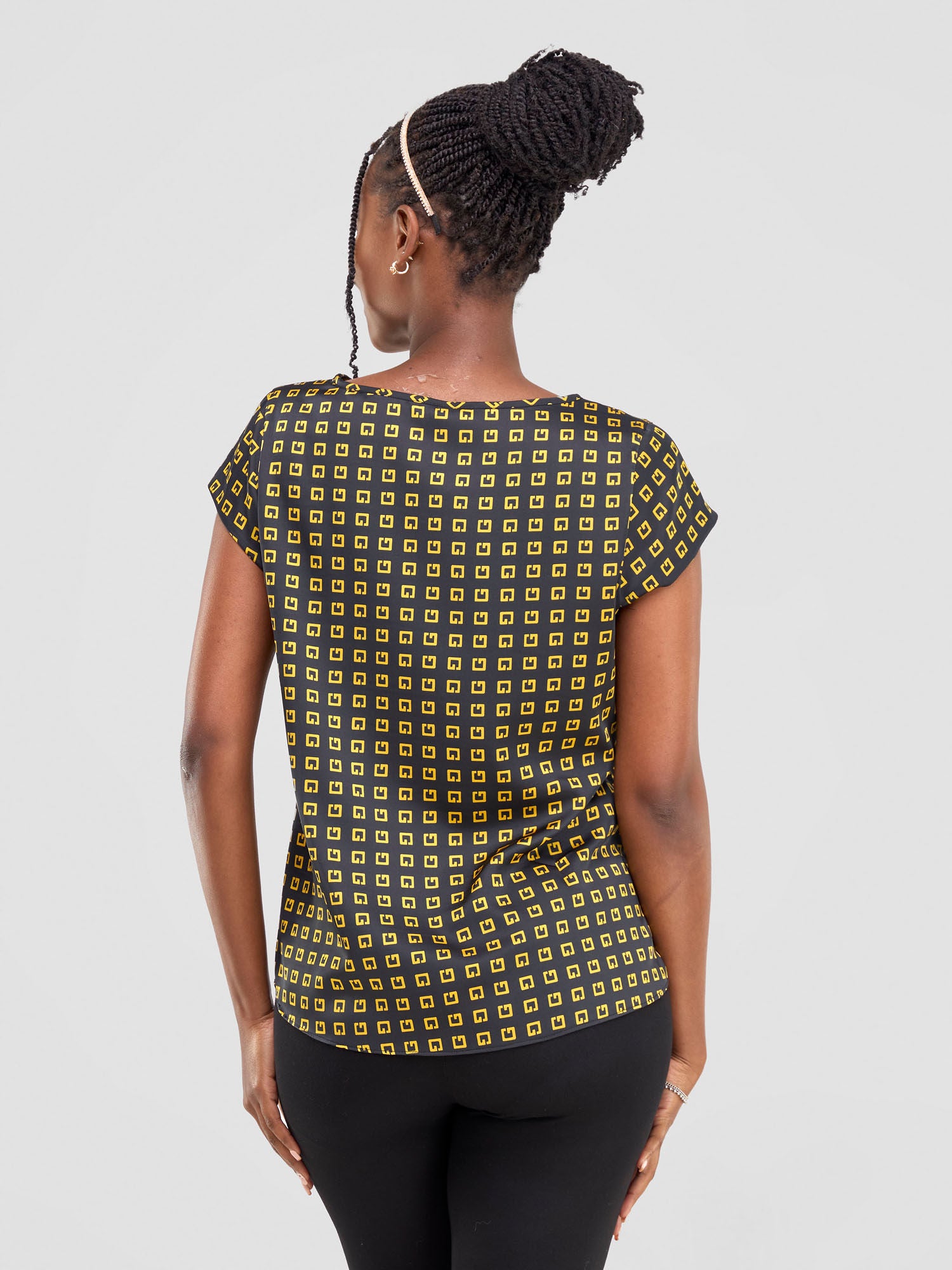 Vivo Basic Satin Cap Sleeve Top - Black / Gold Abstract Print