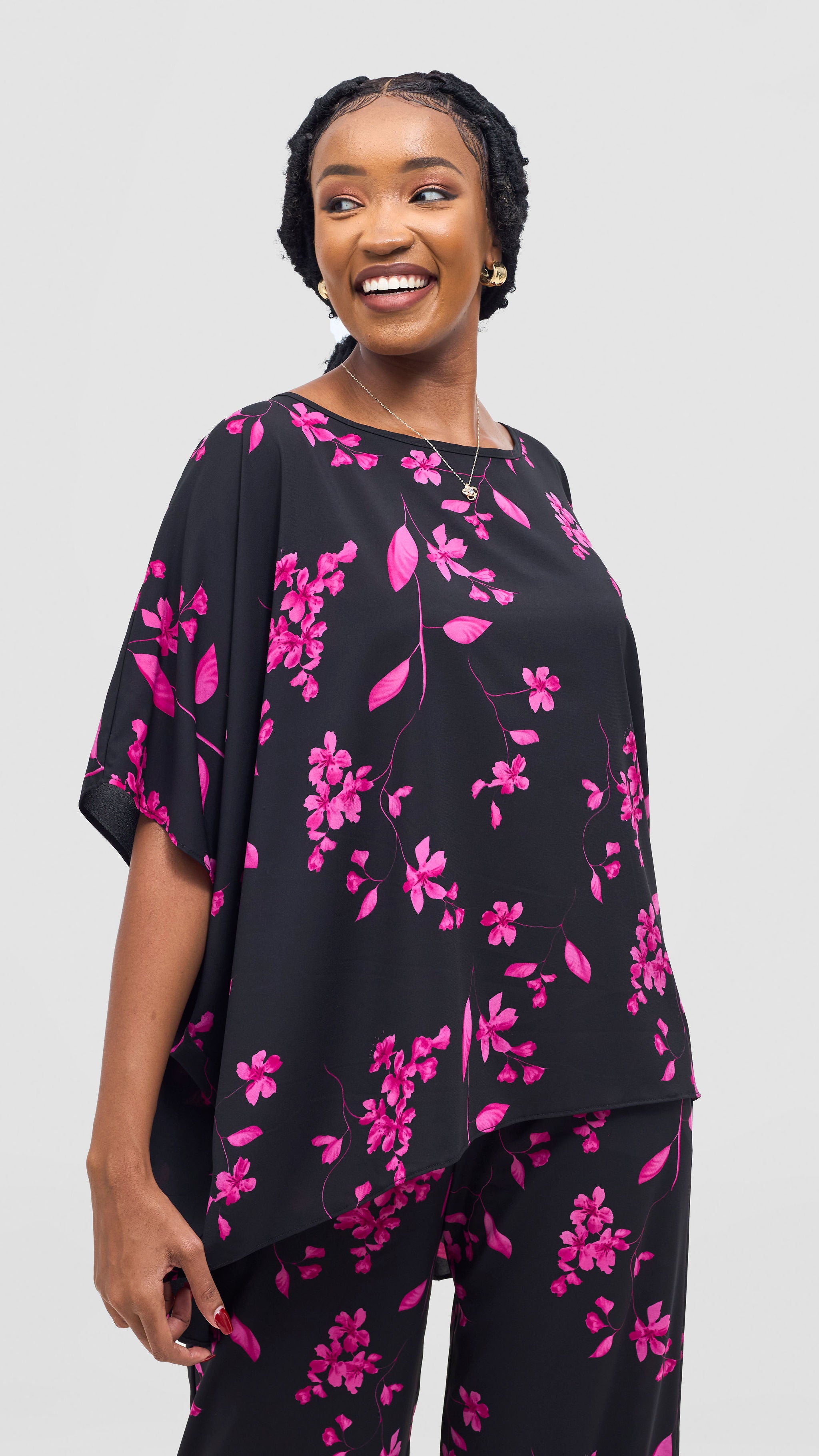 Vivo Maisha Wide High Low Top - Pink / Black Print