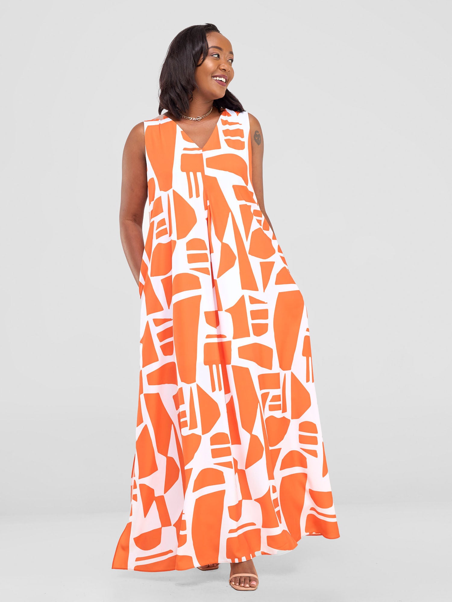 Vivo Ava Front Pleat Maxi Dress - Orange / White Samba Print