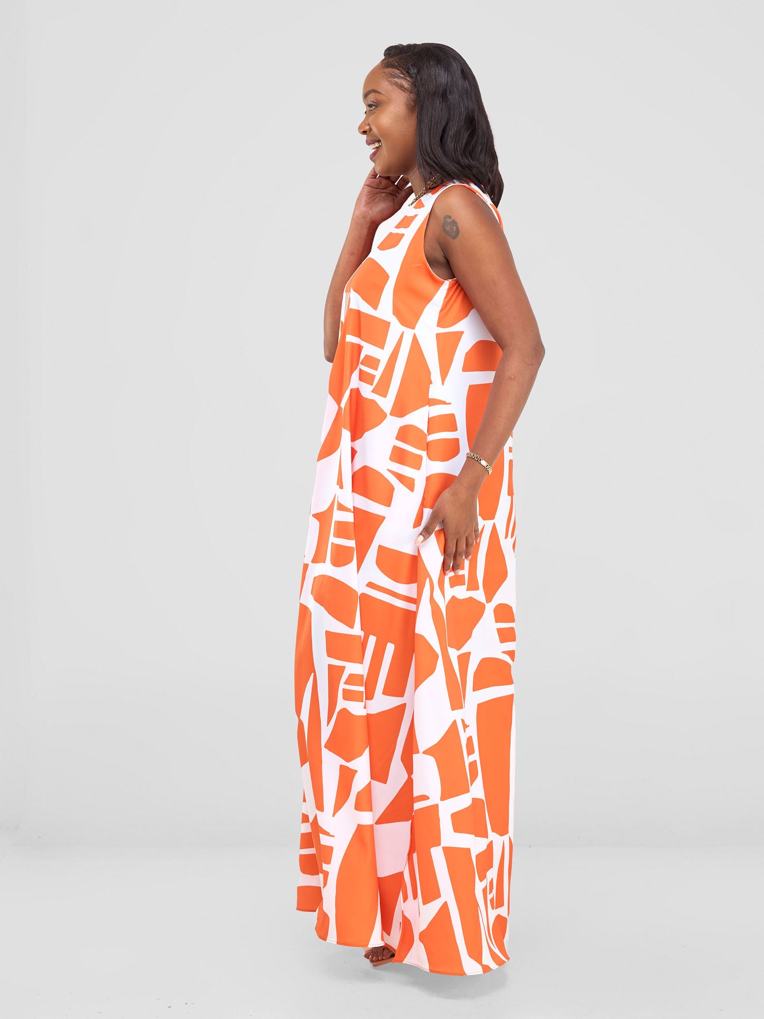 Vivo Ava Front Pleat Maxi Dress - Orange / White Samba Print