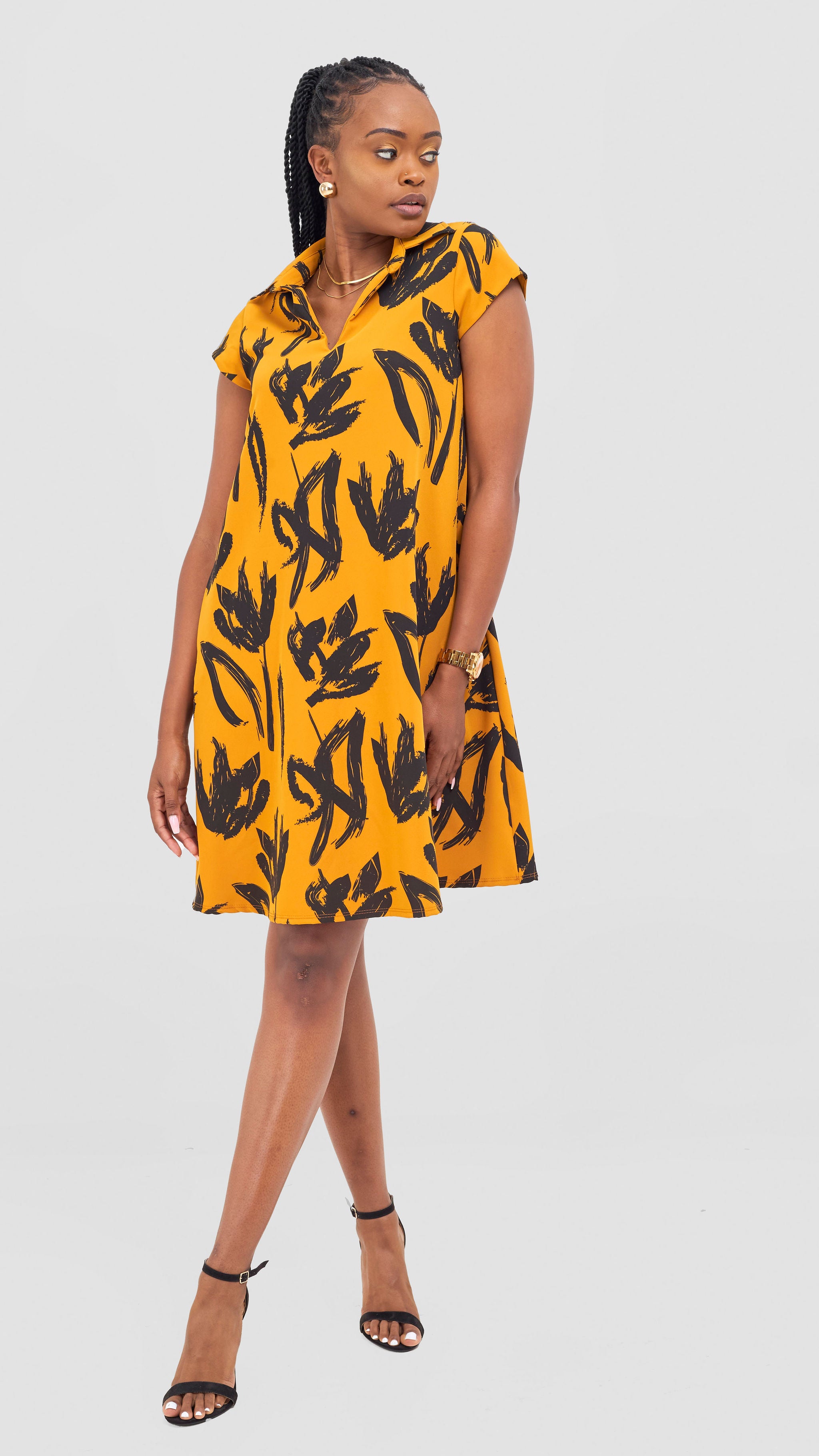 Vivo Chari Shift Dress - Black / Orange Riah Print