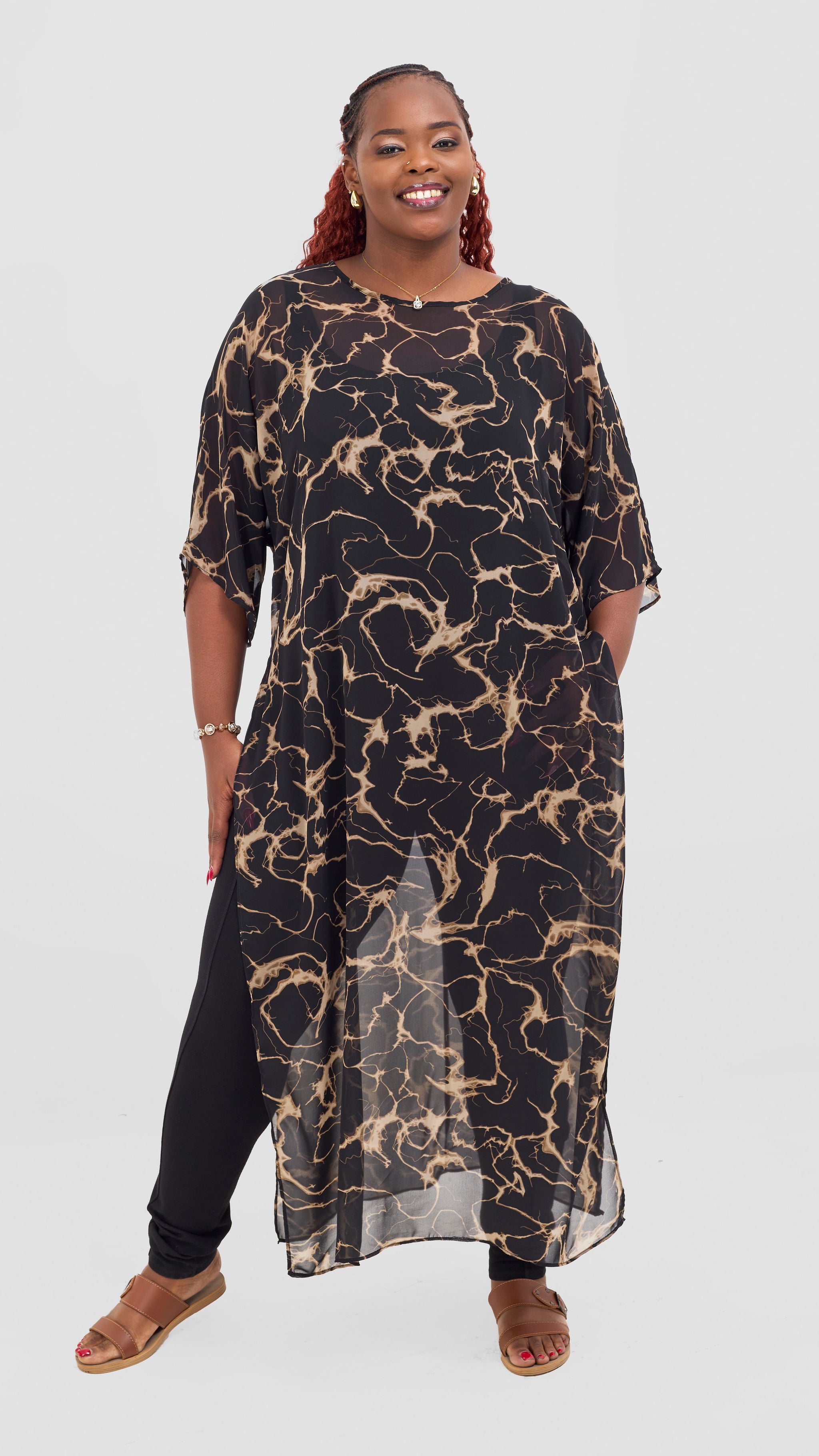 Vivo Lani Maxi Top - Black / Taupe Print