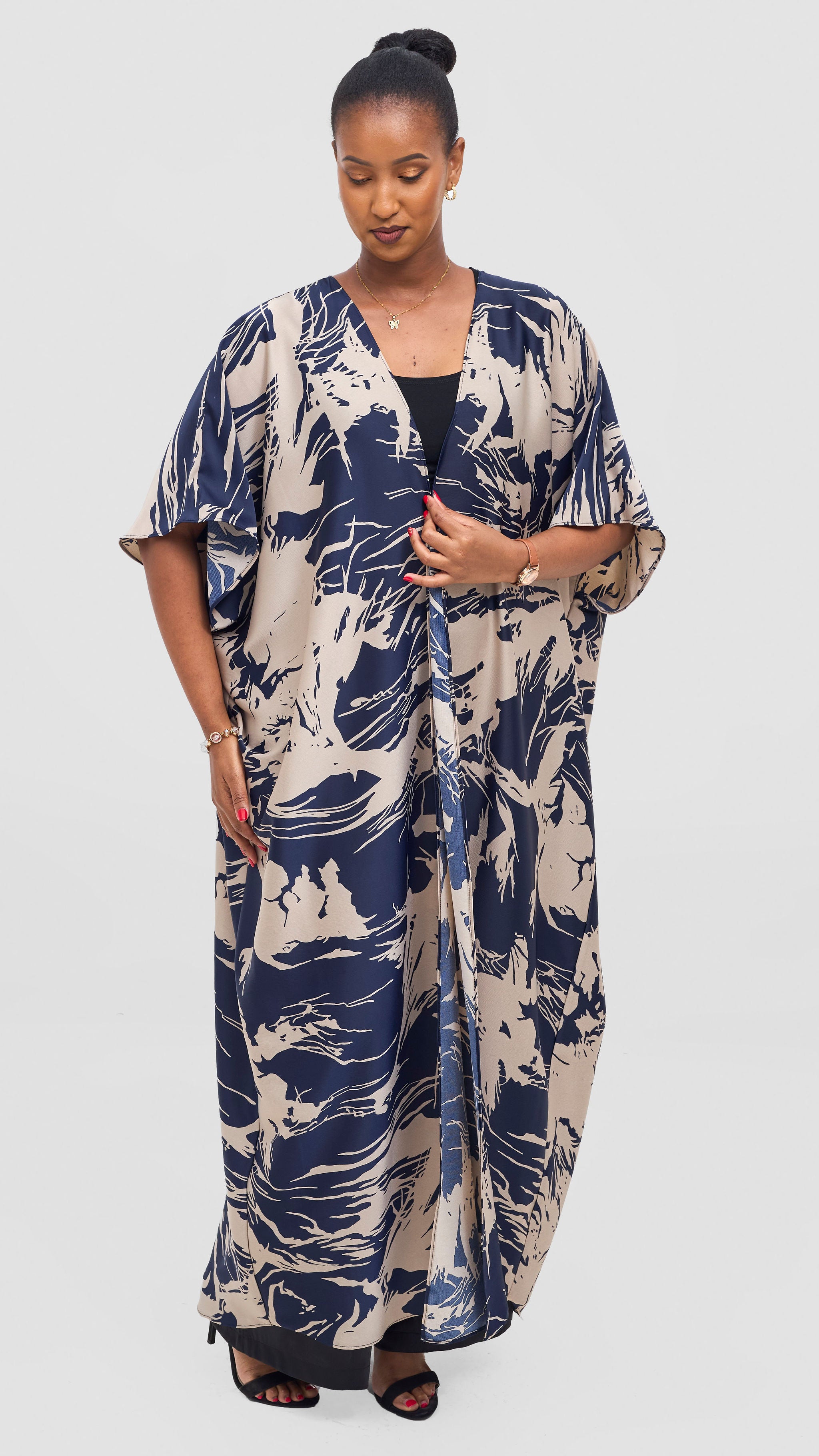 Vivo Keza Wide Satin Kimono - Navy / Taupe Print