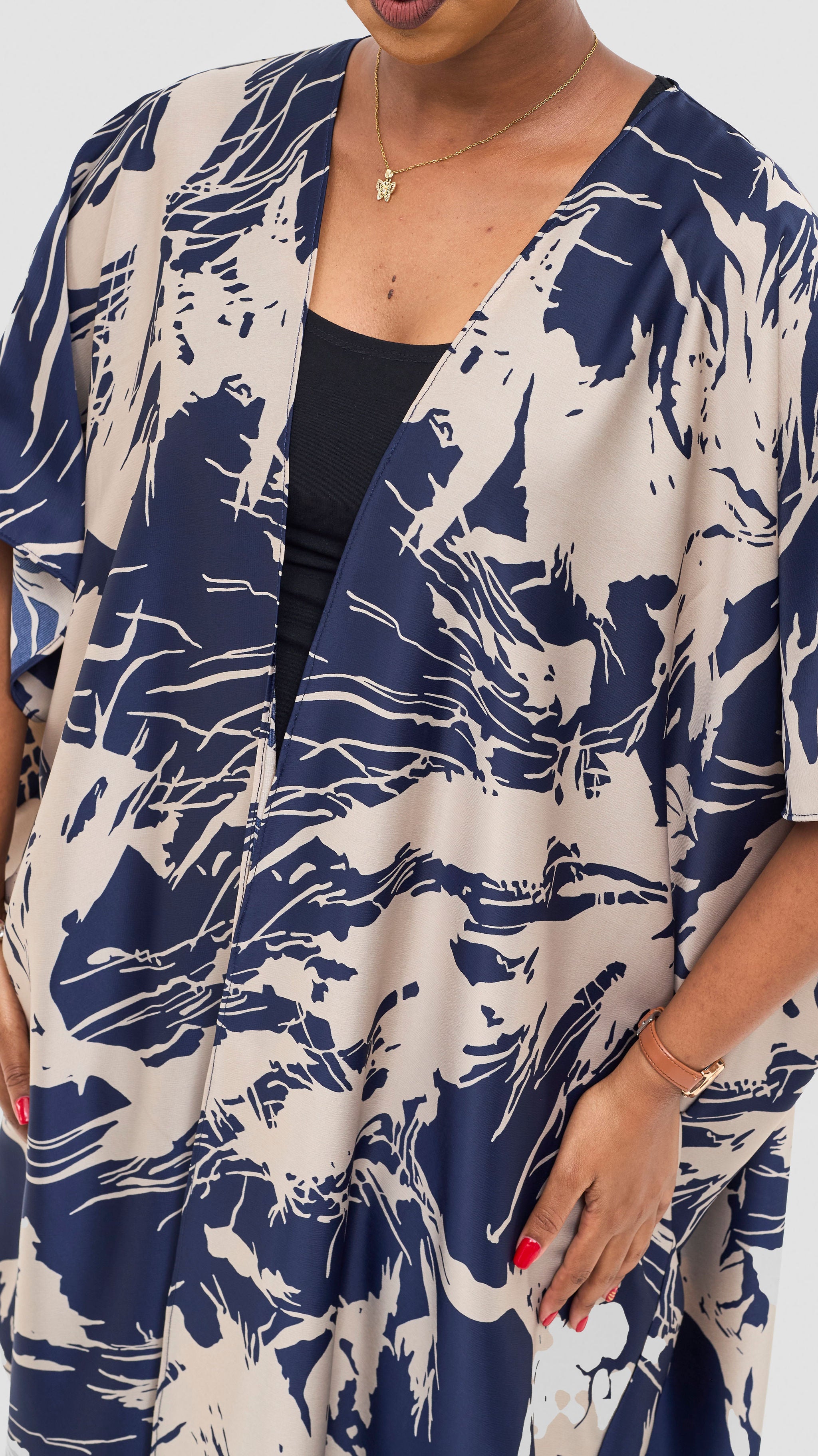 Vivo Keza Wide Satin Kimono - Navy / Taupe Print
