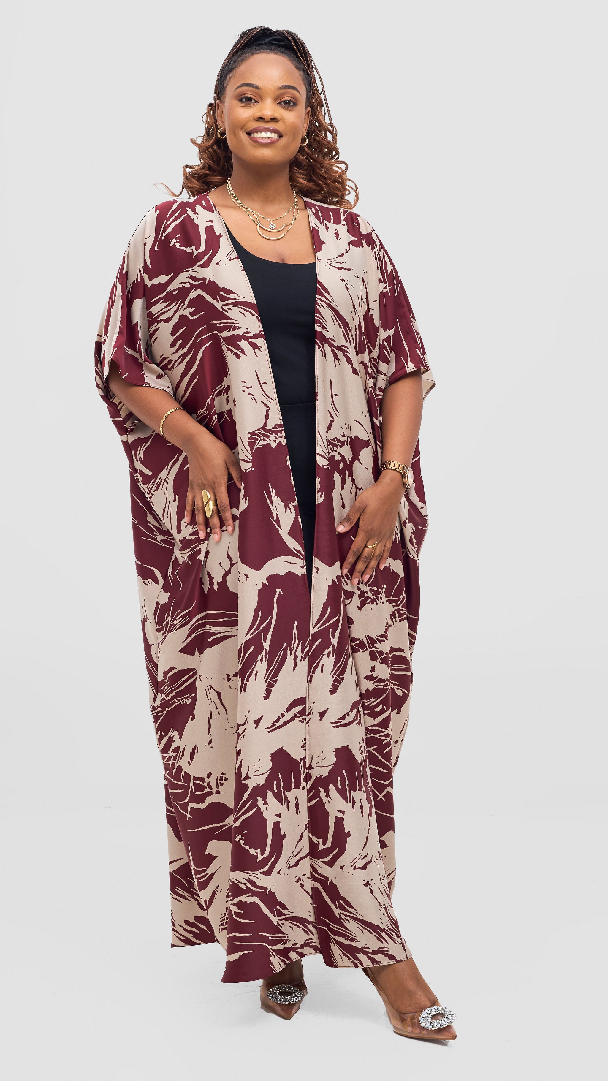 Vivo Keza Wide Satin Kimono - Maroon / Taupe Print
