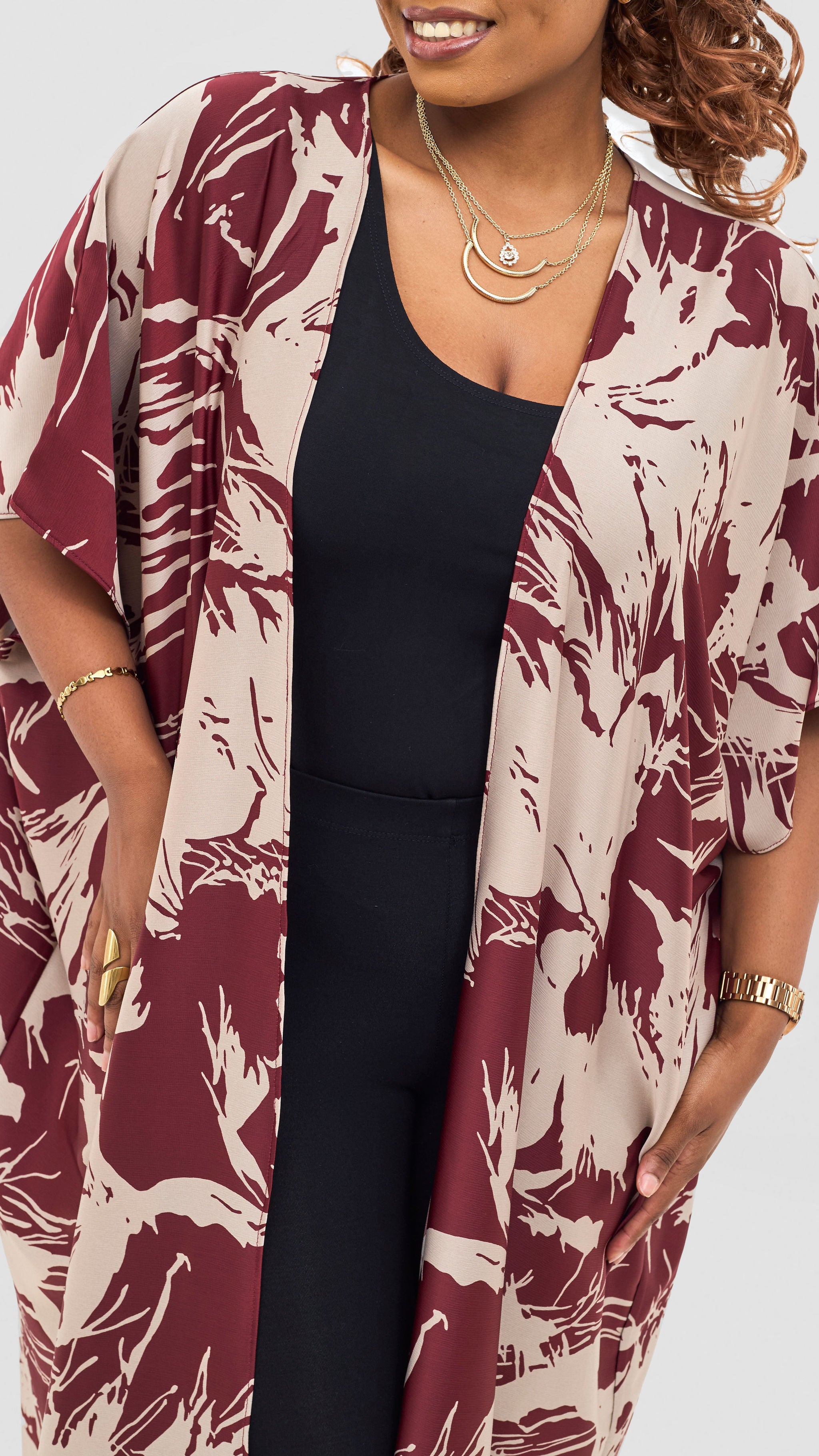 Vivo Keza Wide Satin Kimono - Maroon / Taupe Print