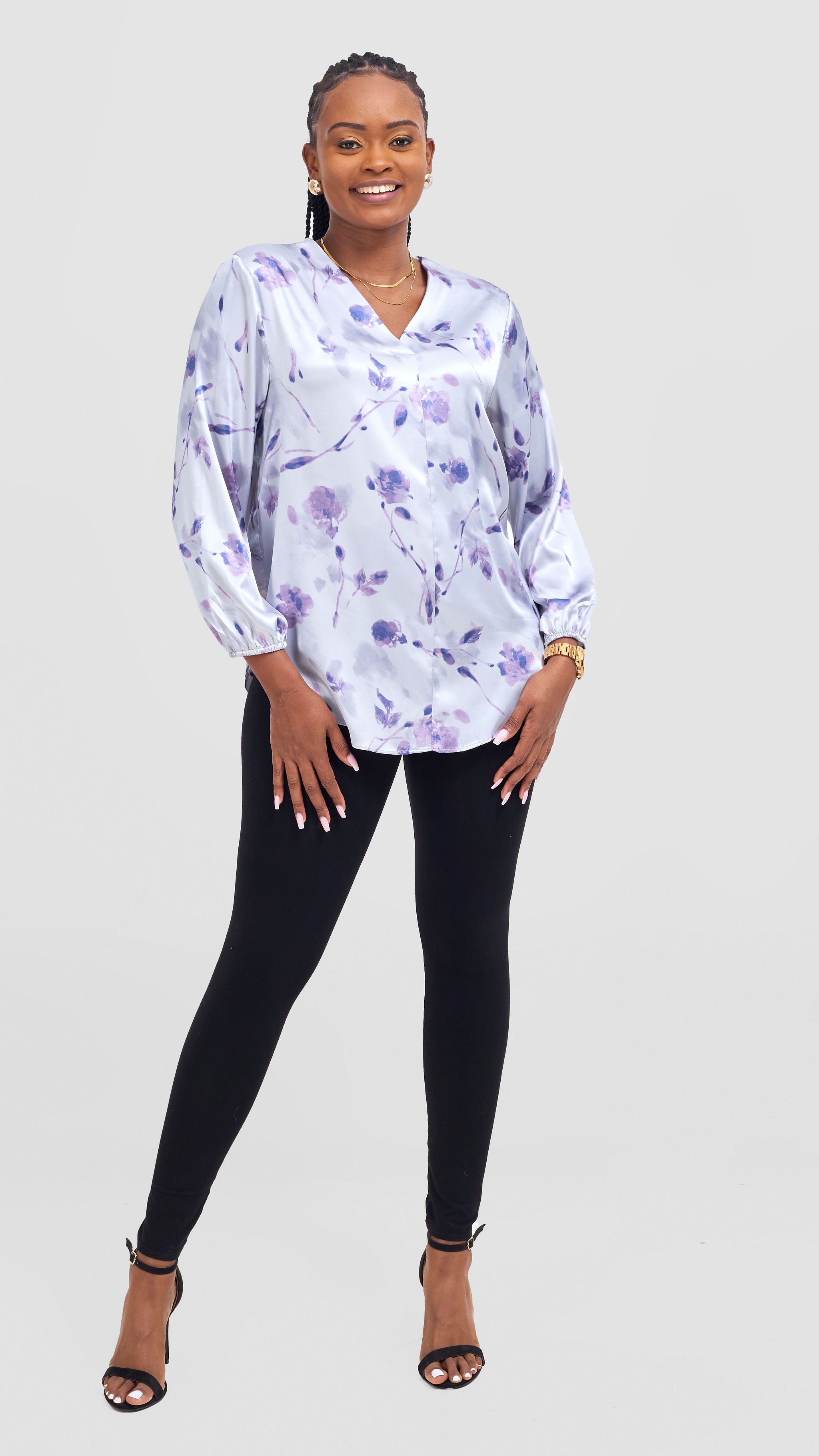 Vivo Dua Satin Bishop Sleeve Top - Blue / Purple Print