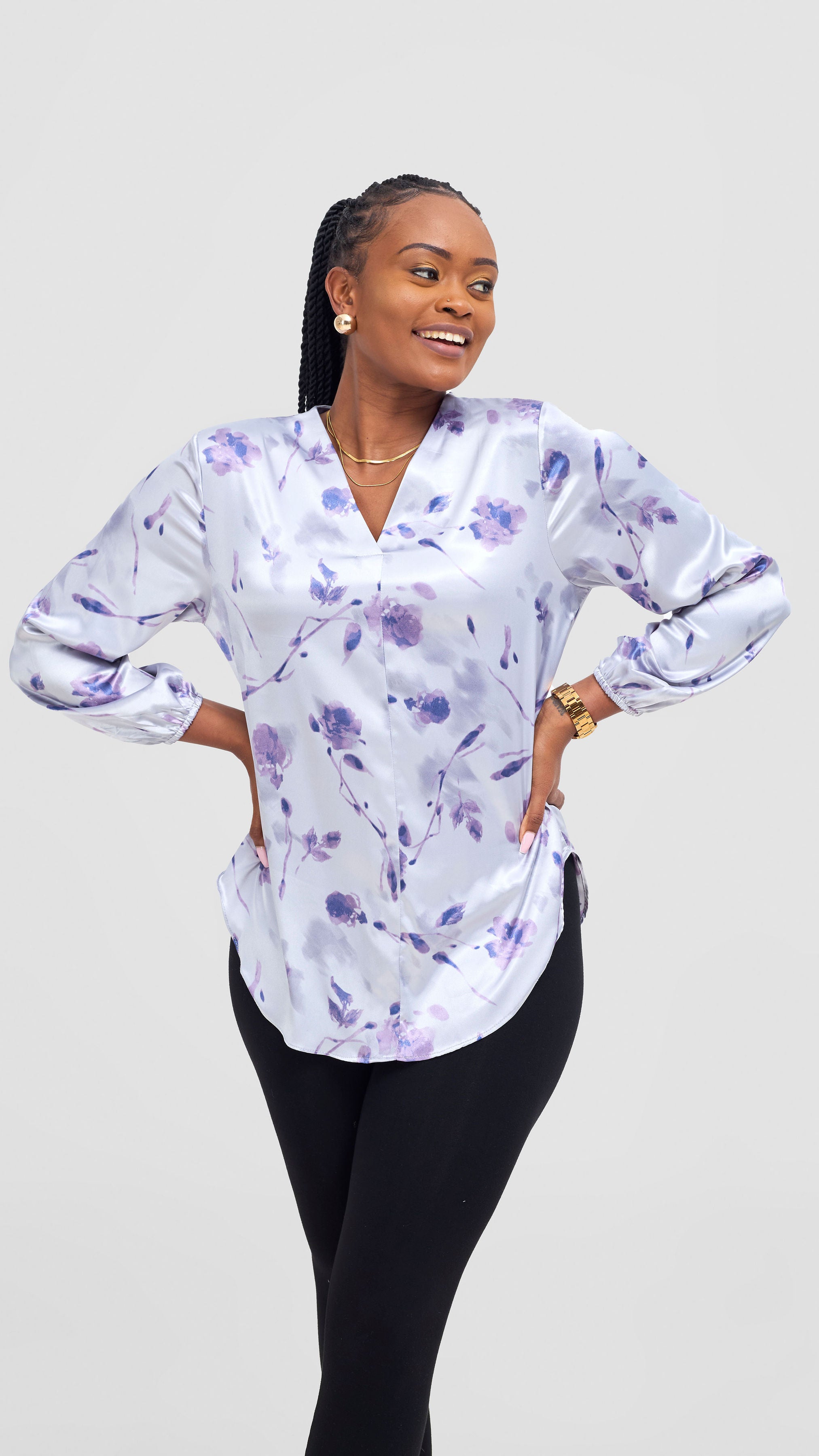 Vivo Dua Satin Bishop Sleeve Top - Blue / Purple Print