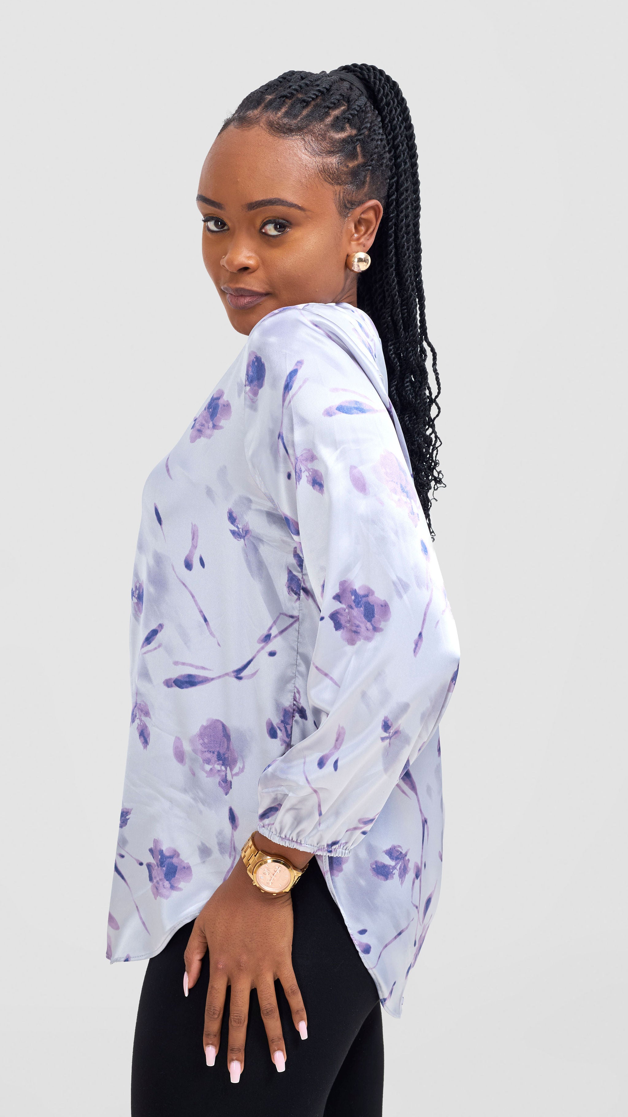 Vivo Dua Satin Bishop Sleeve Top - Blue / Purple Print