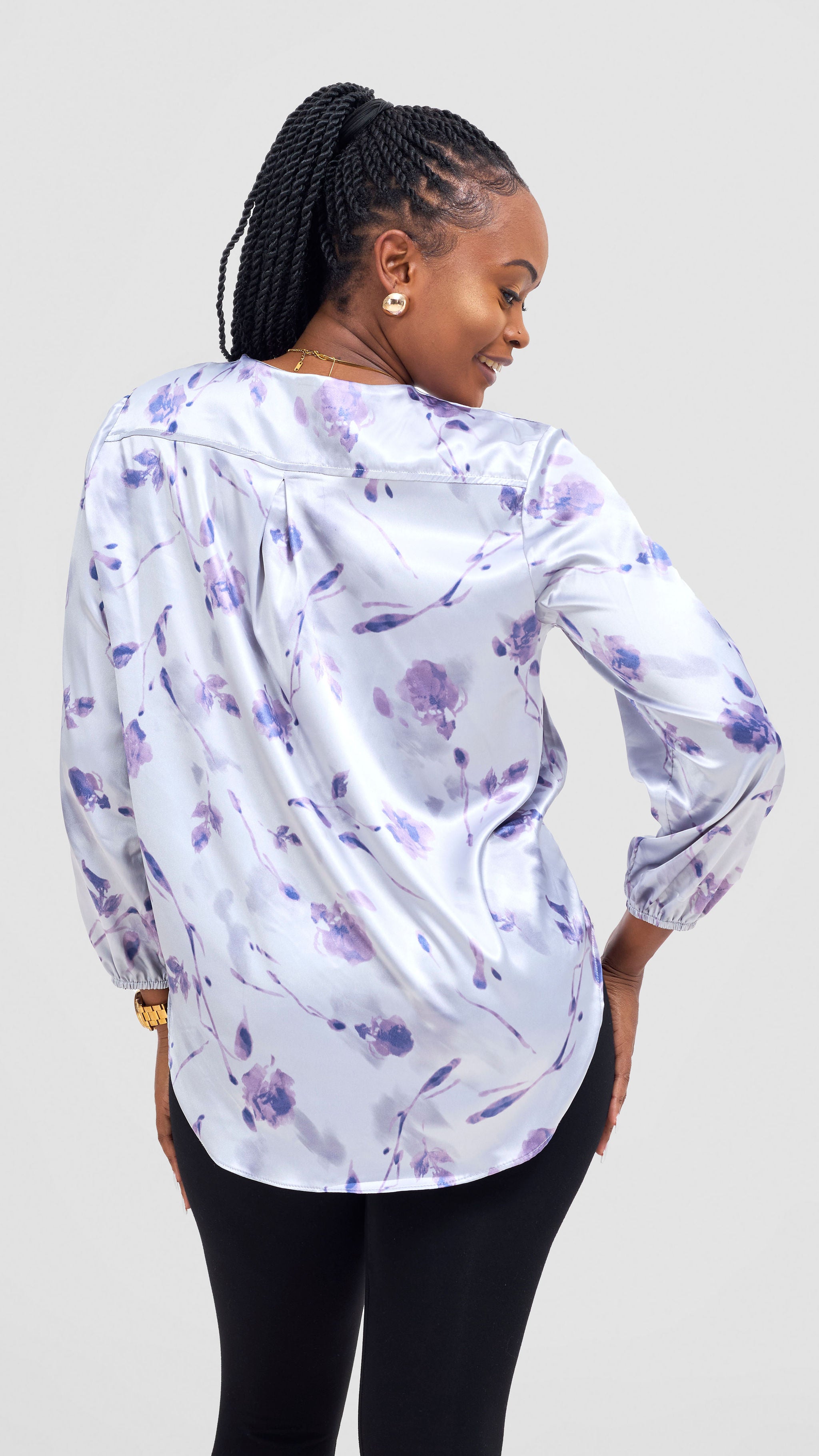 Vivo Dua Satin Bishop Sleeve Top - Blue / Purple Print