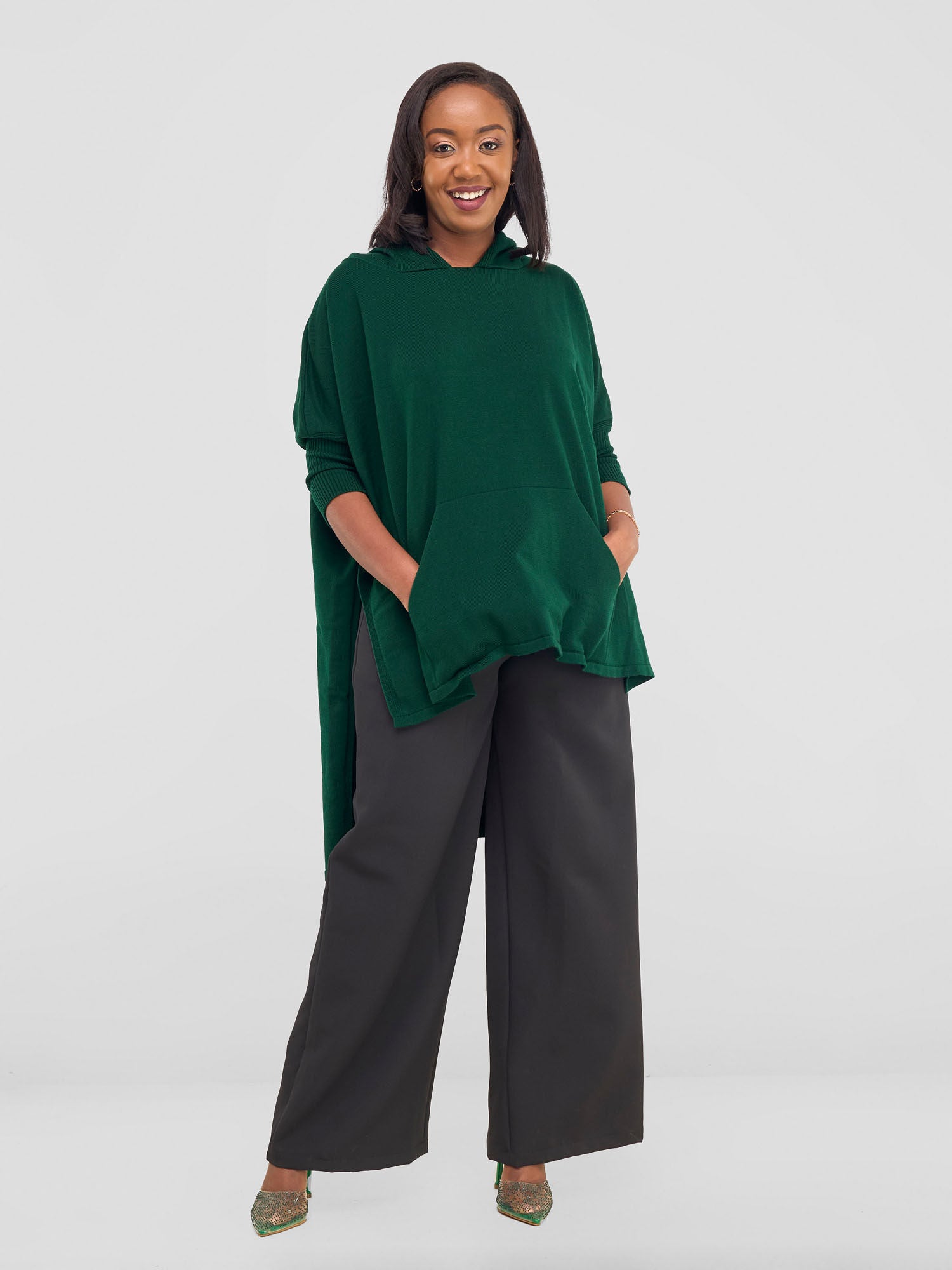 Vivo Hoodie High Low Poncho - Forest Green