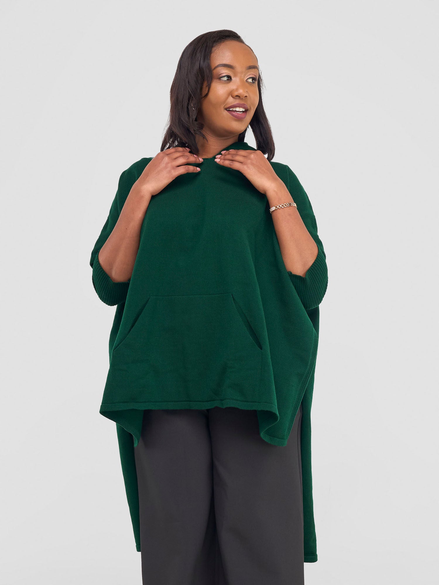 Vivo Hoodie High Low Poncho - Forest Green