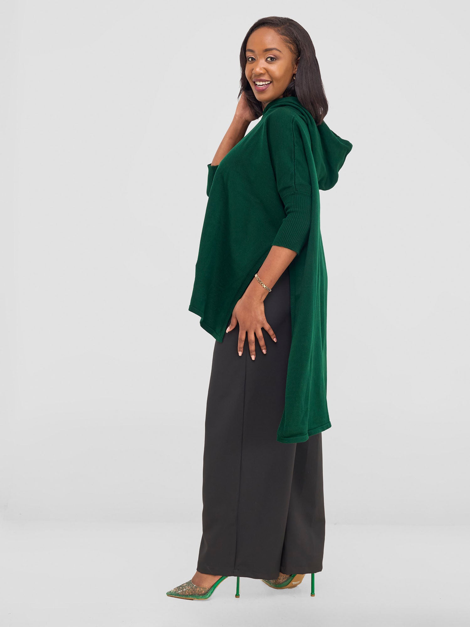 Vivo Hoodie High Low Poncho - Forest Green