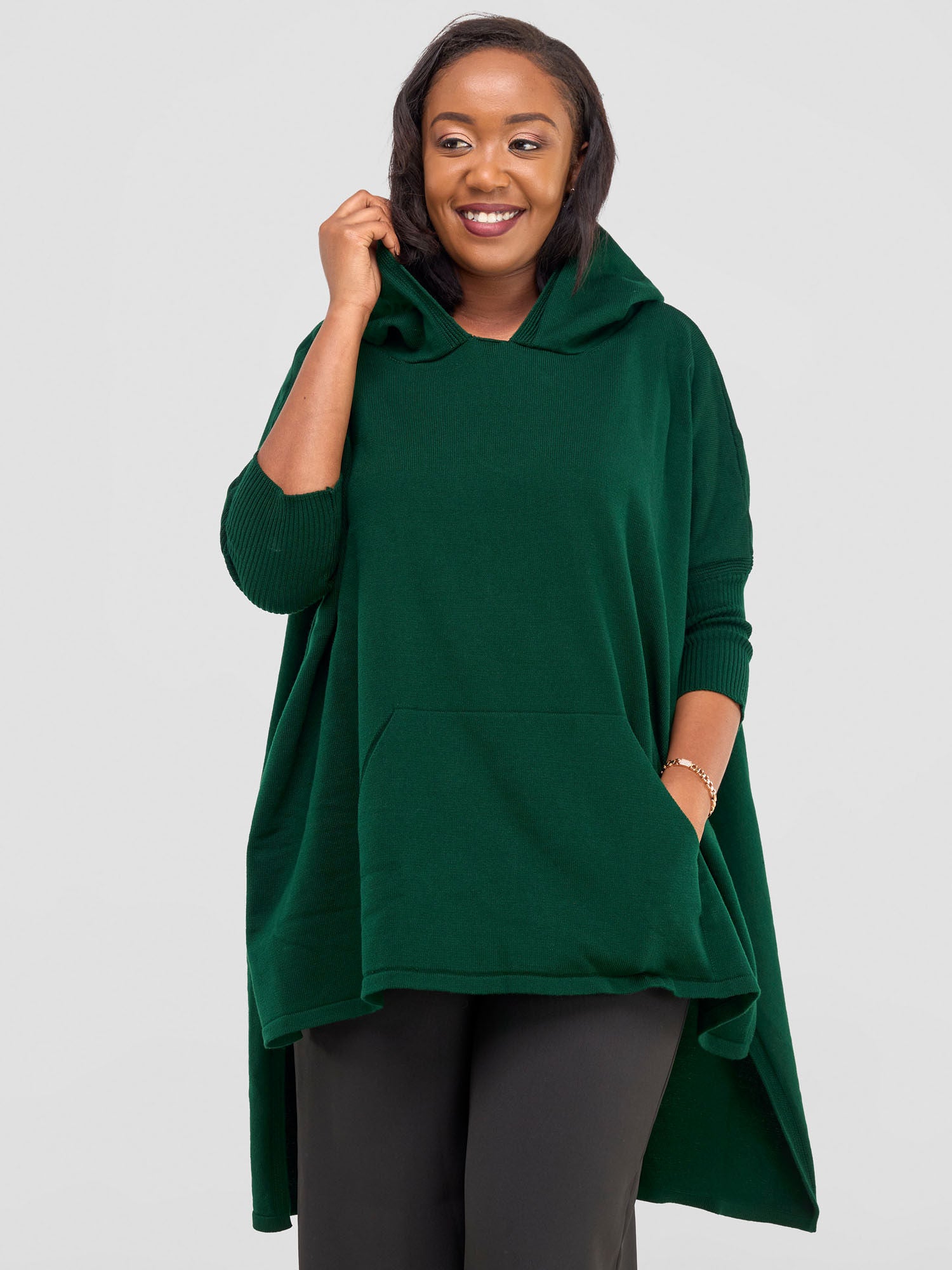 Vivo Hoodie High Low Poncho - Forest Green