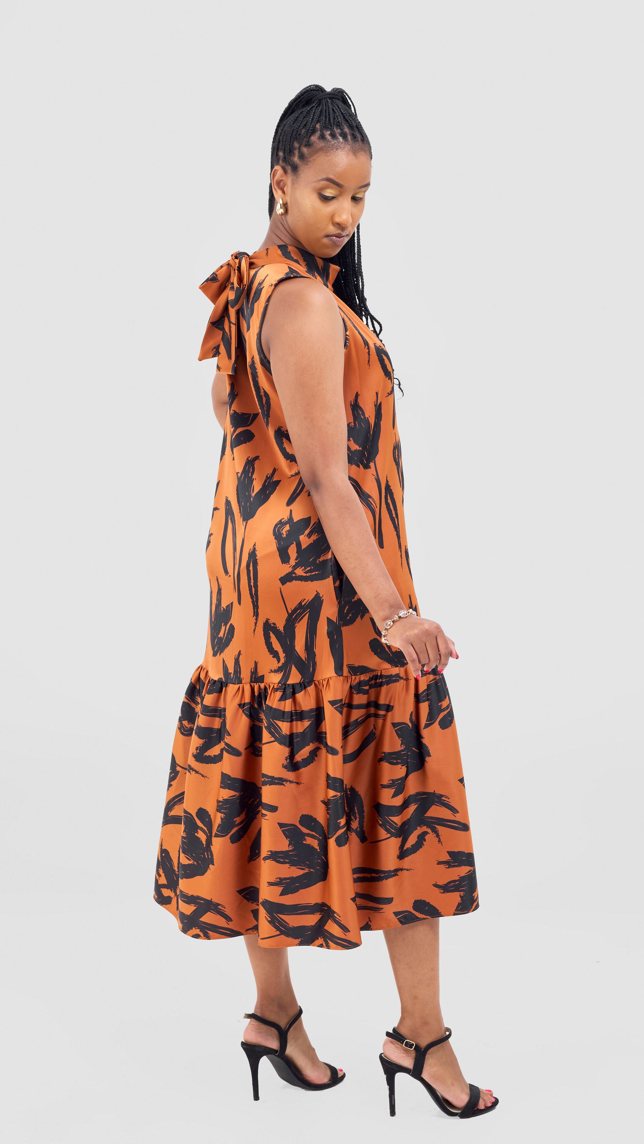 Vivo Takali Frilled Midi Dress - Rust / Black Ela Print