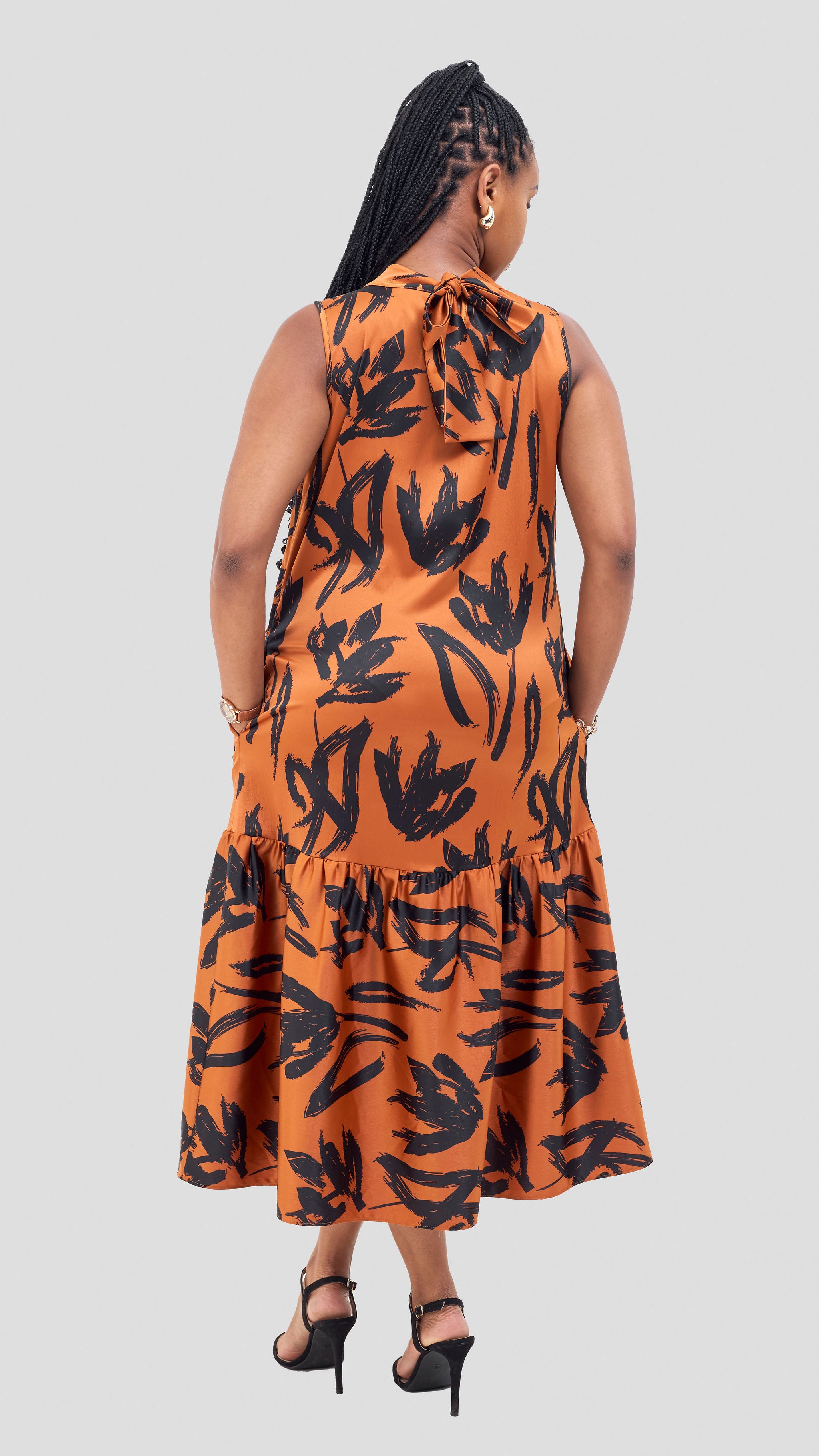 Vivo Takali Frilled Midi Dress - Rust / Black Ela Print