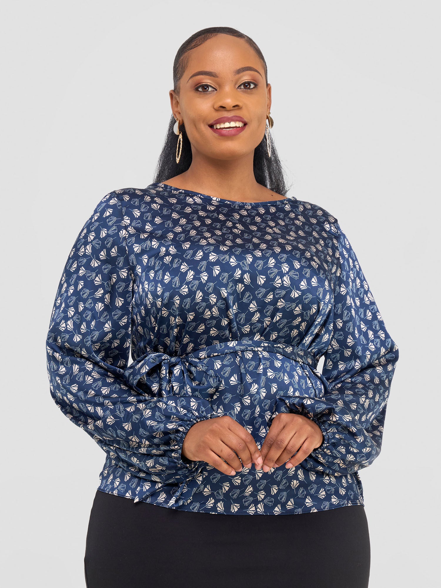 Vivo Basic Satin Bishop Sleeved Top - Navy Teli Print