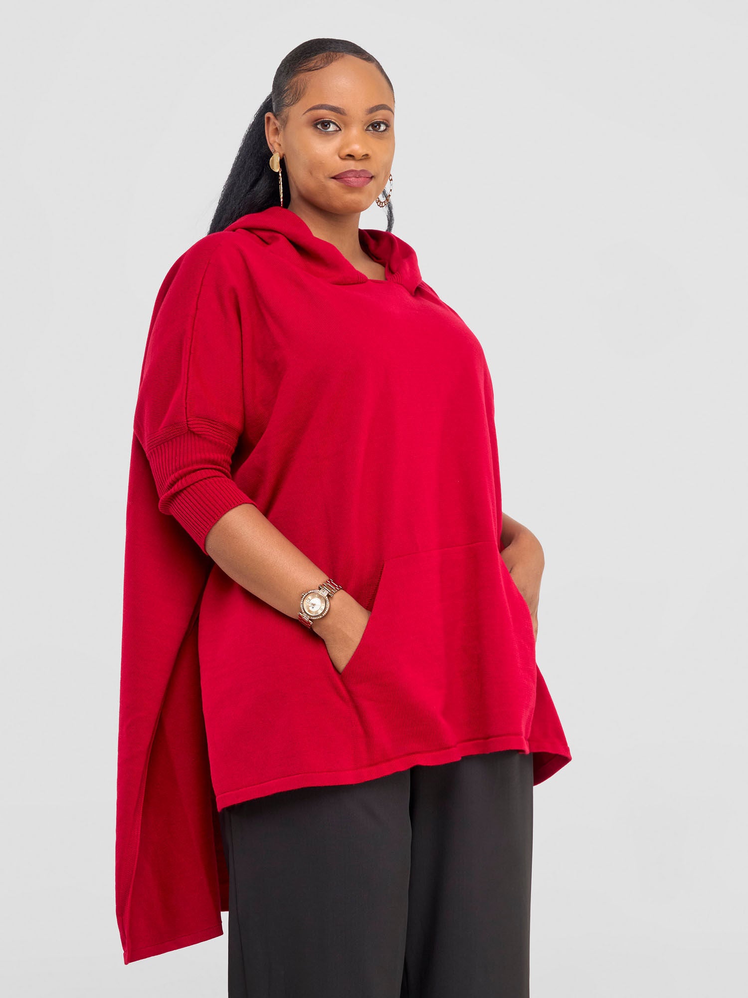 Vivo Hoodie High Low Poncho - Dark Red
