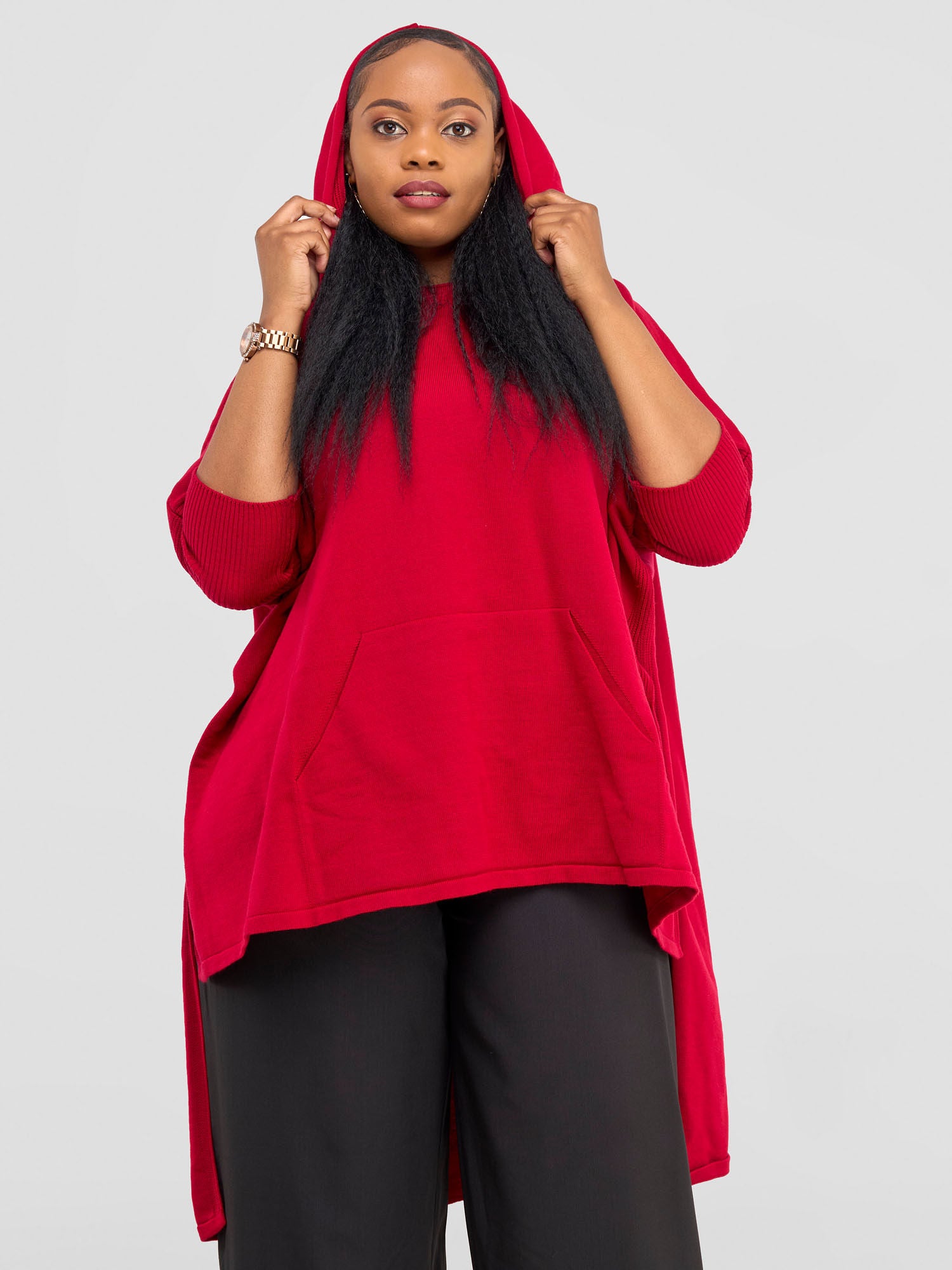 Vivo Hoodie High Low Poncho - Dark Red