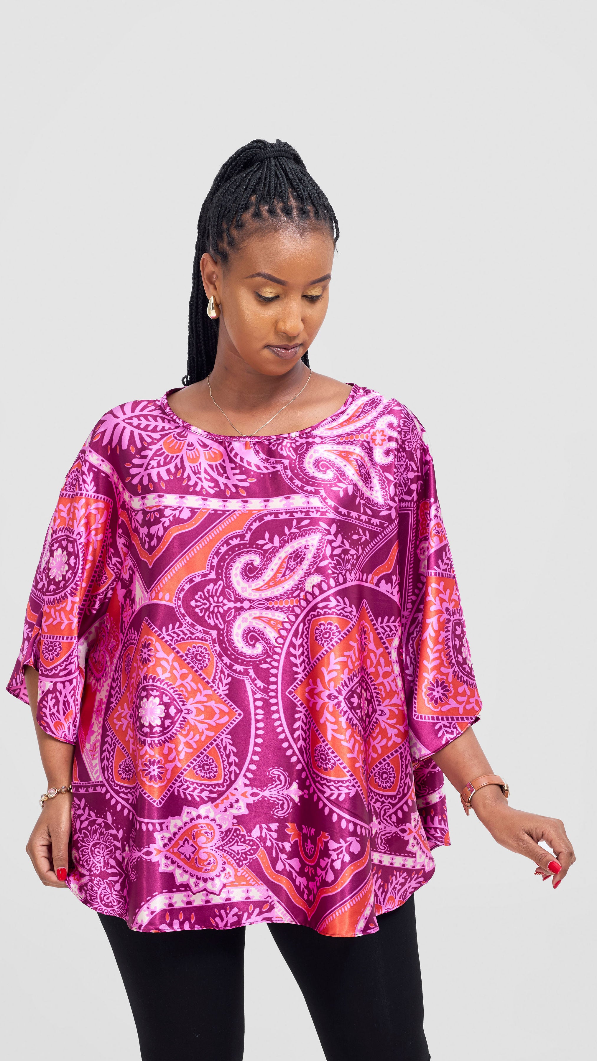 Vivo Keza Circular Loose Top - Burgundy / Pink Zade Print