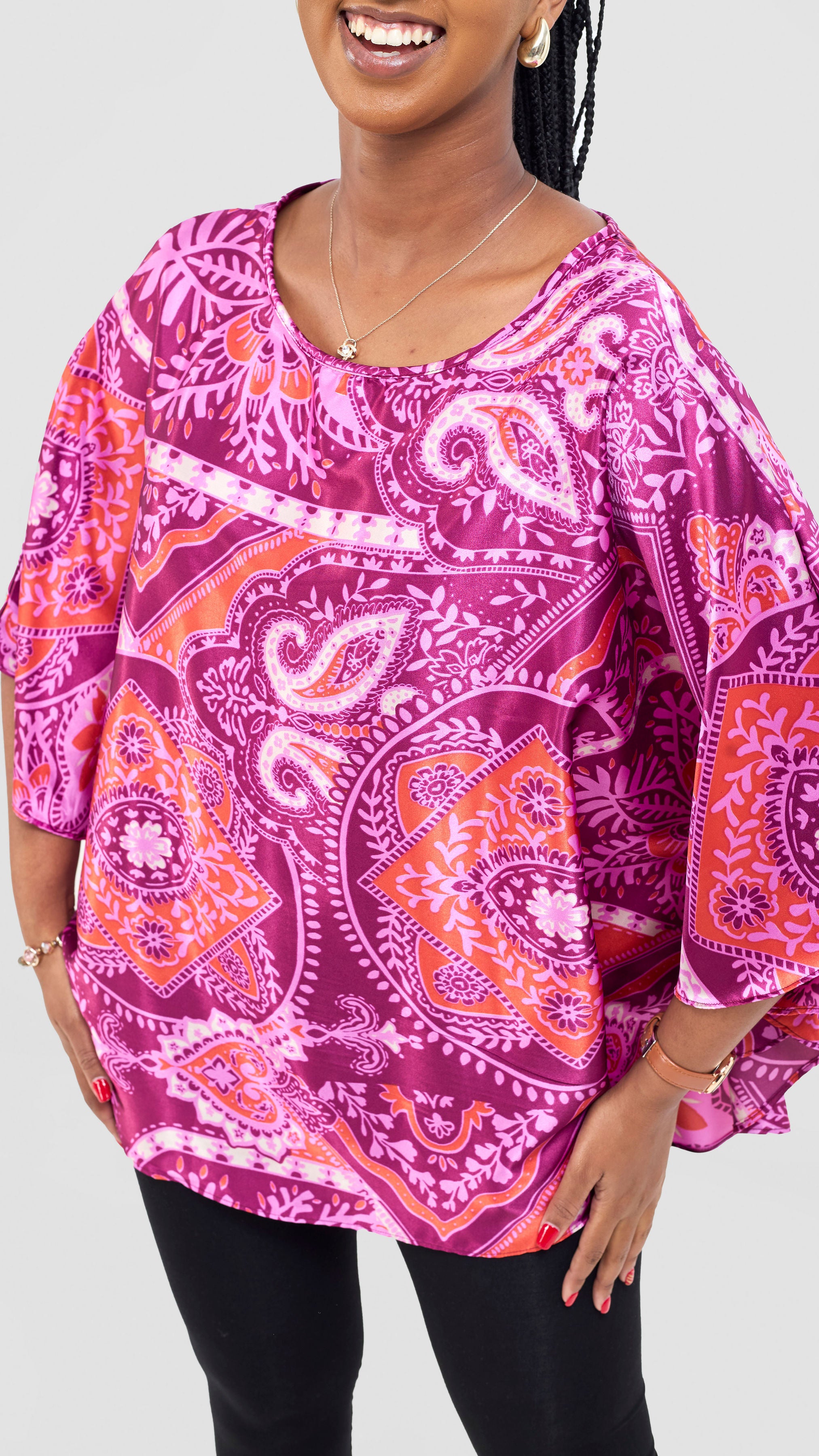Vivo Keza Circular Loose Top - Burgundy / Pink Zade Print