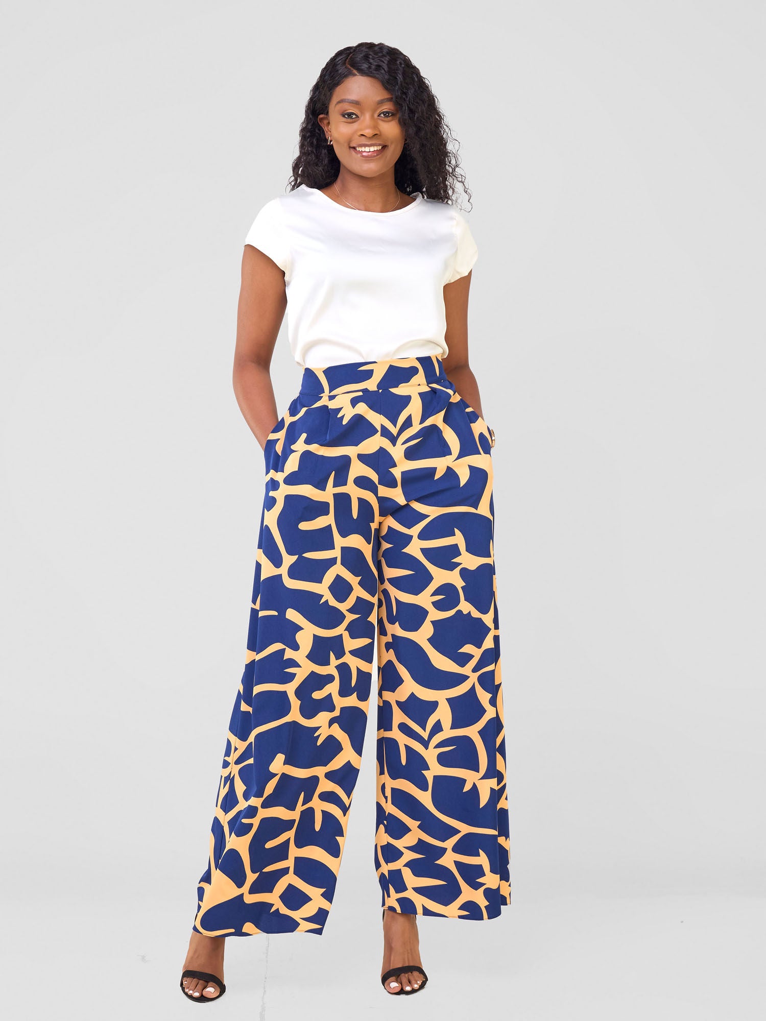 Vivo Basic Crepe Pants - Navy / Orange Liwa Print