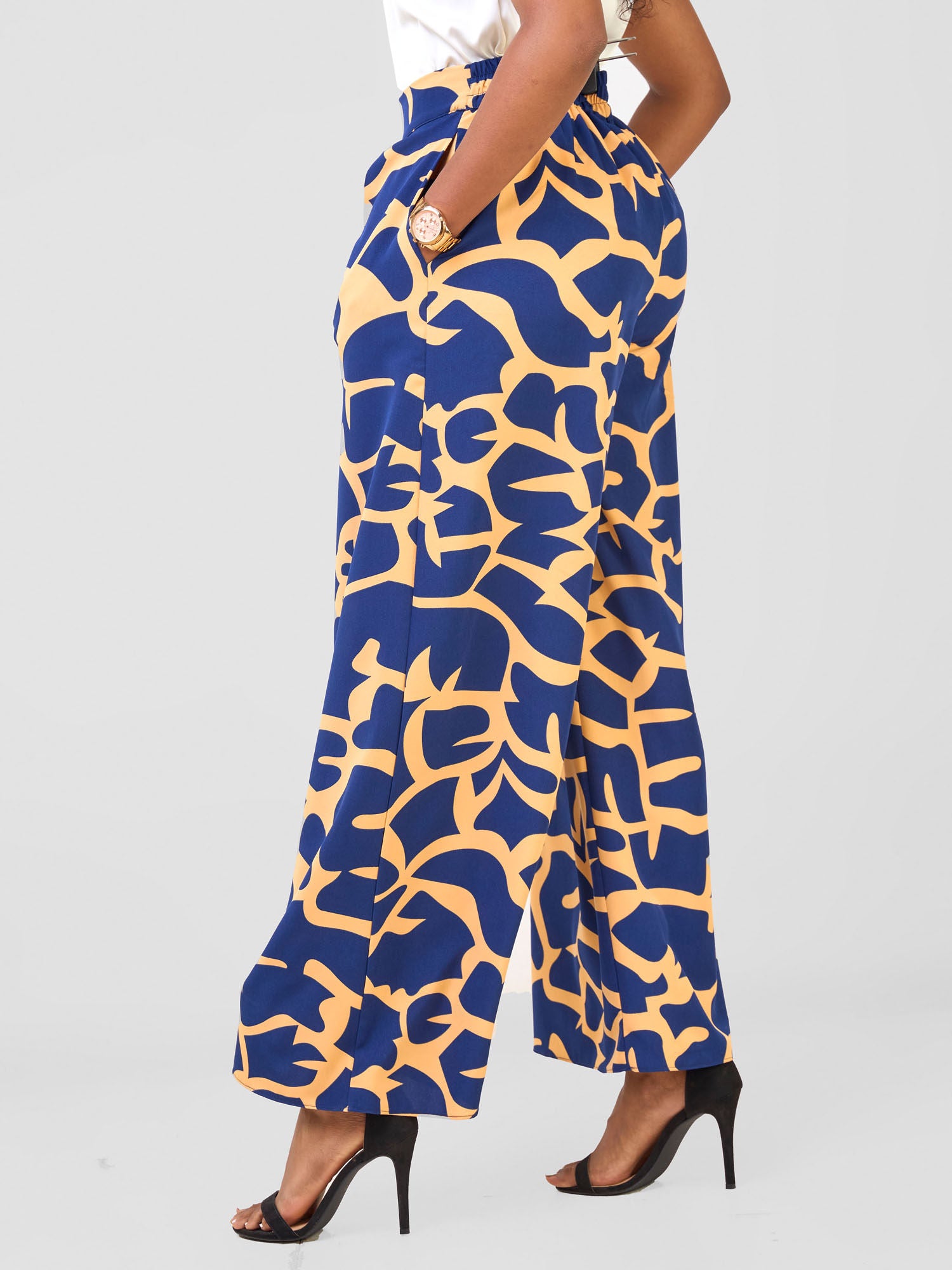 Vivo Basic Crepe Pants - Navy / Orange Liwa Print