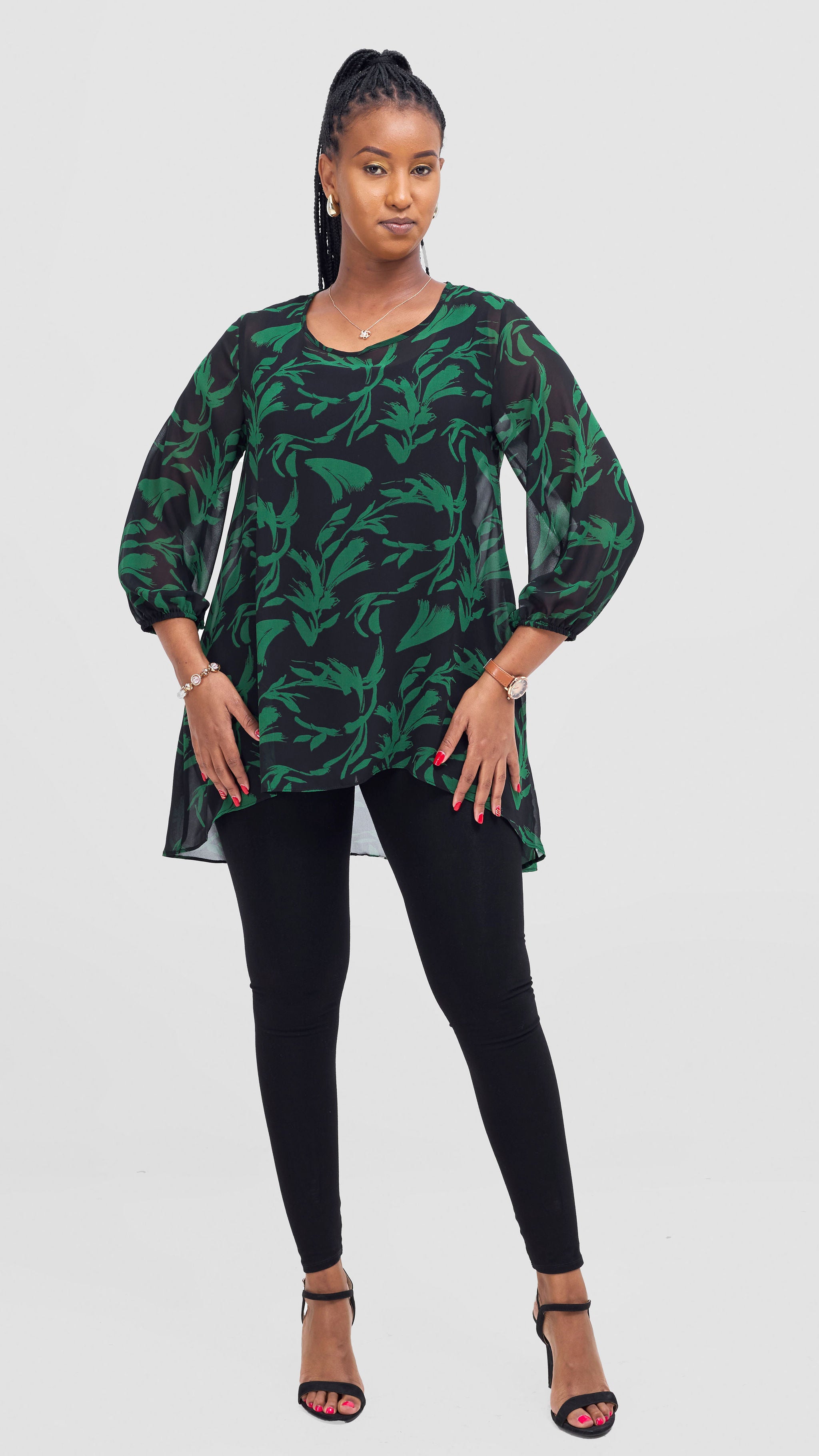 Vivo Samira High Low Top - Black / Green Siari Print